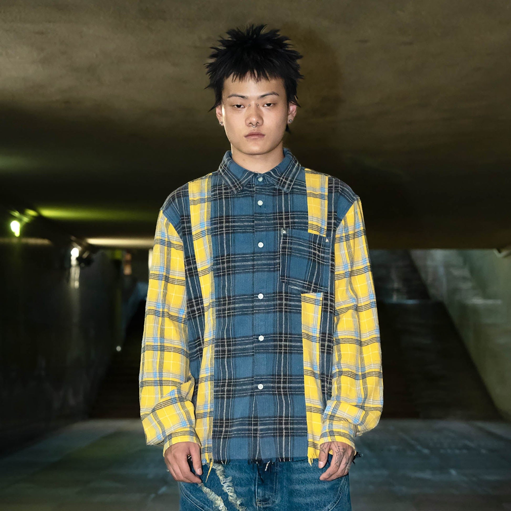PHANTOMHUNTER Plaid Spliced Frayed Shirt-Shirt-M-Free Shipping Leatheretro