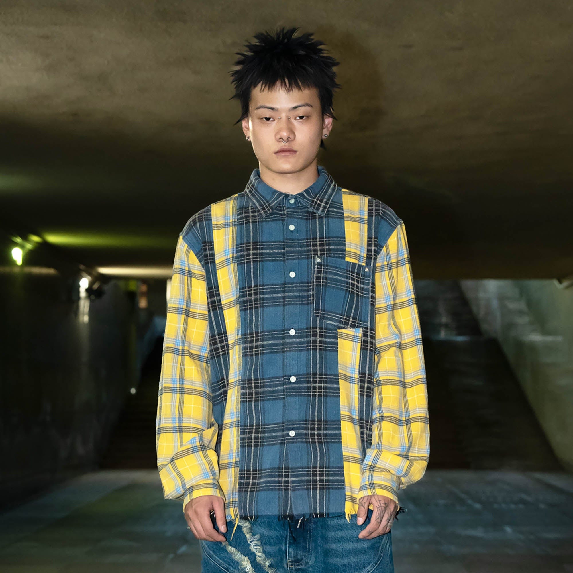 PHANTOMHUNTER Plaid Spliced Frayed Shirt-Shirt-M-Free Shipping Leatheretro