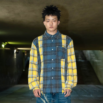 PHANTOMHUNTER Plaid Spliced Frayed Shirt-Shirt-M-Free Shipping Leatheretro