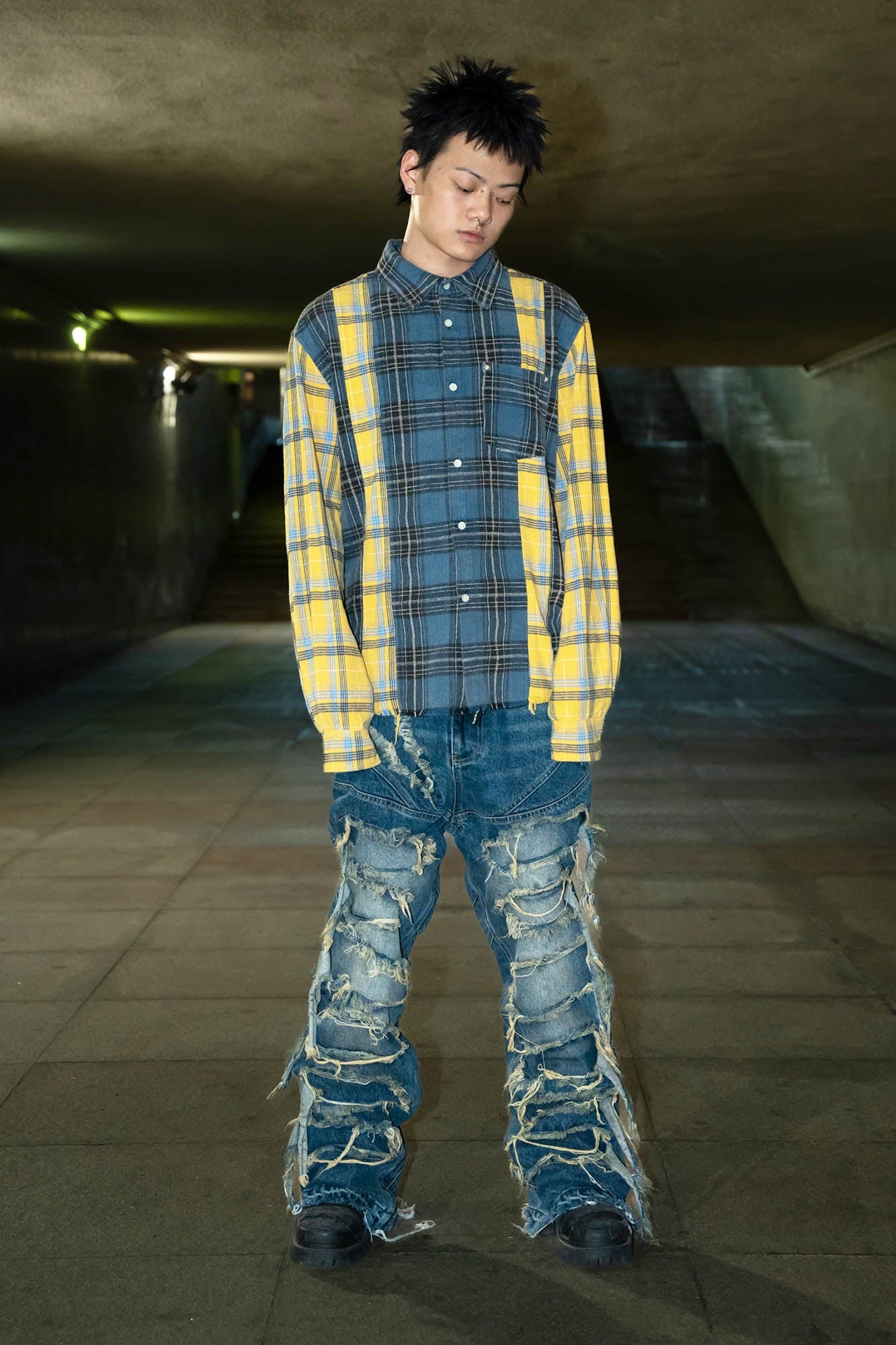 PHANTOMHUNTER Plaid Spliced Frayed Shirt-Shirt-M-Free Shipping Leatheretro