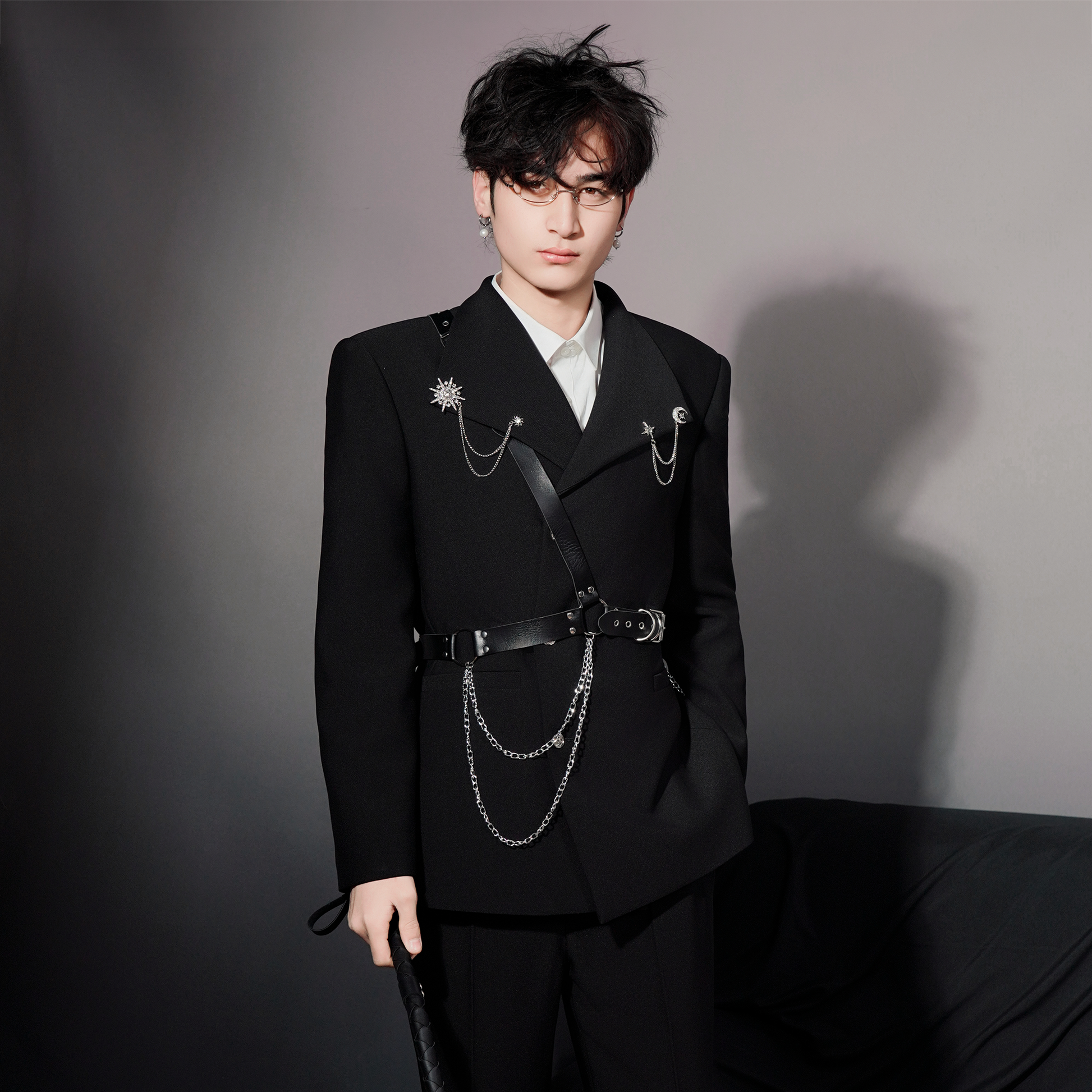 SHANG JIE Asymmetrical Harness Belt Chain-Drape Blazer-Jacket-M-Free Shipping Leatheretro