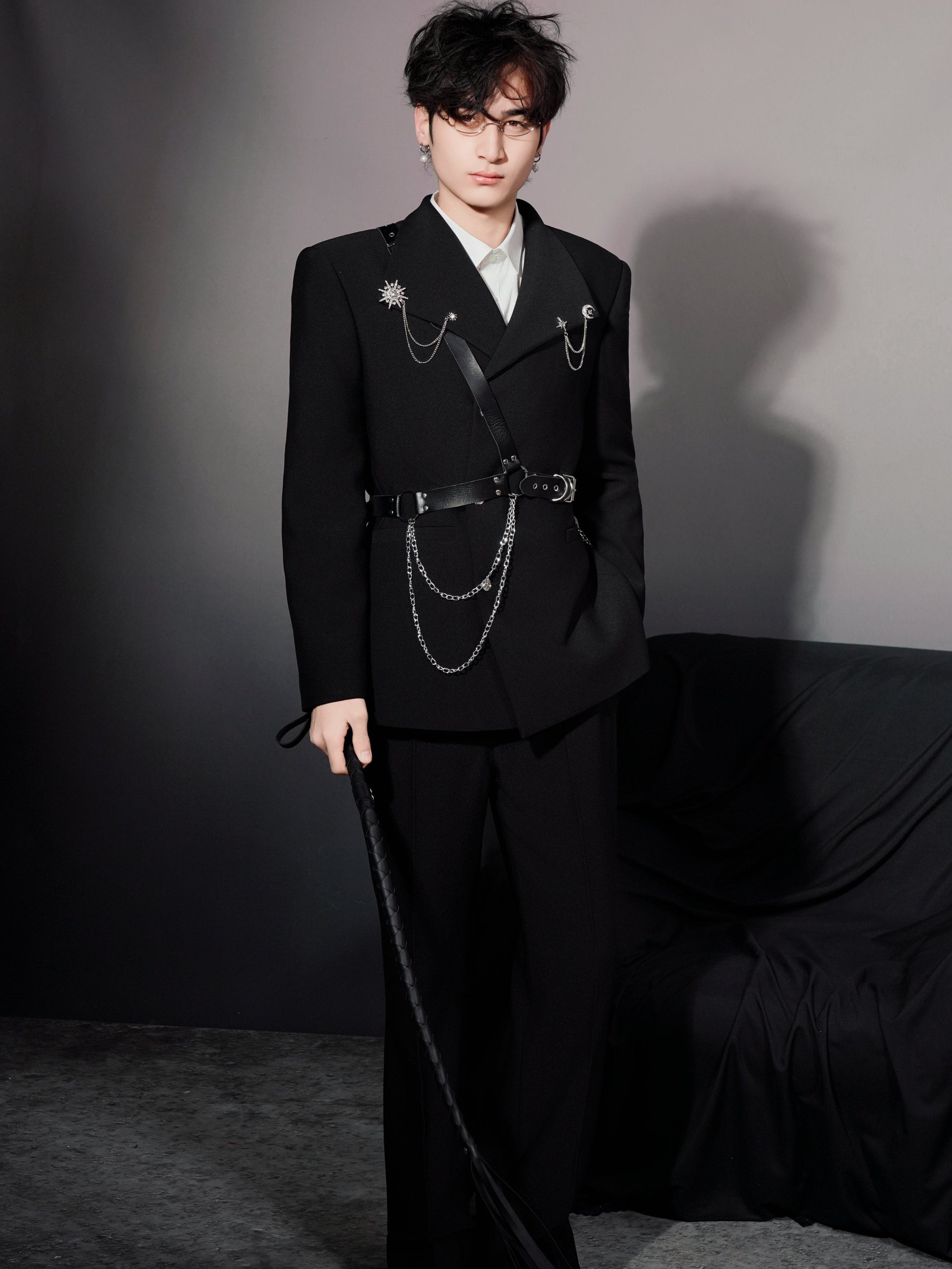 SHANG JIE Asymmetrical Harness Belt Chain-Drape Blazer-Jacket-M-Free Shipping Leatheretro