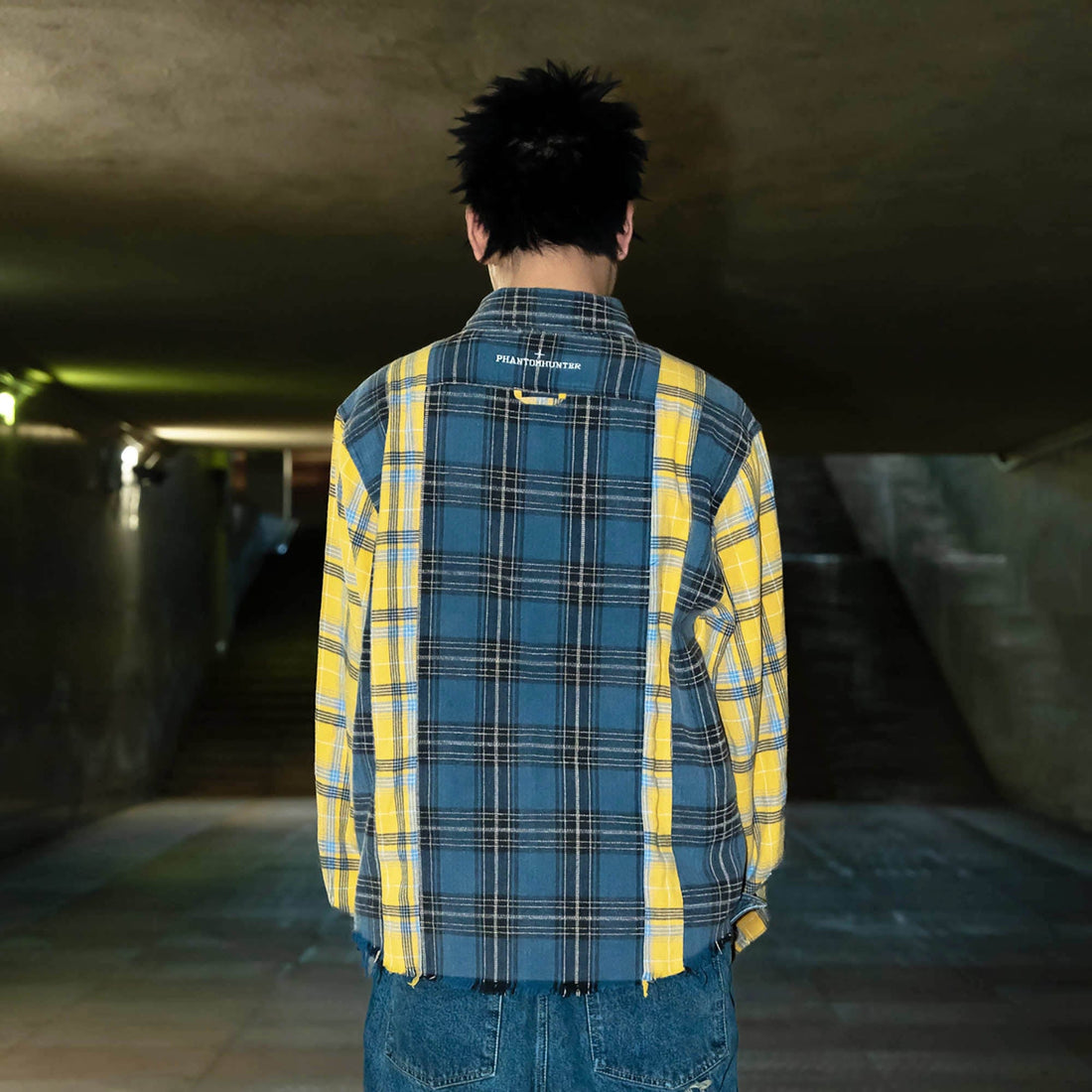 PHANTOMHUNTER Plaid Spliced Frayed Shirt-Shirt-M-Free Shipping Leatheretro