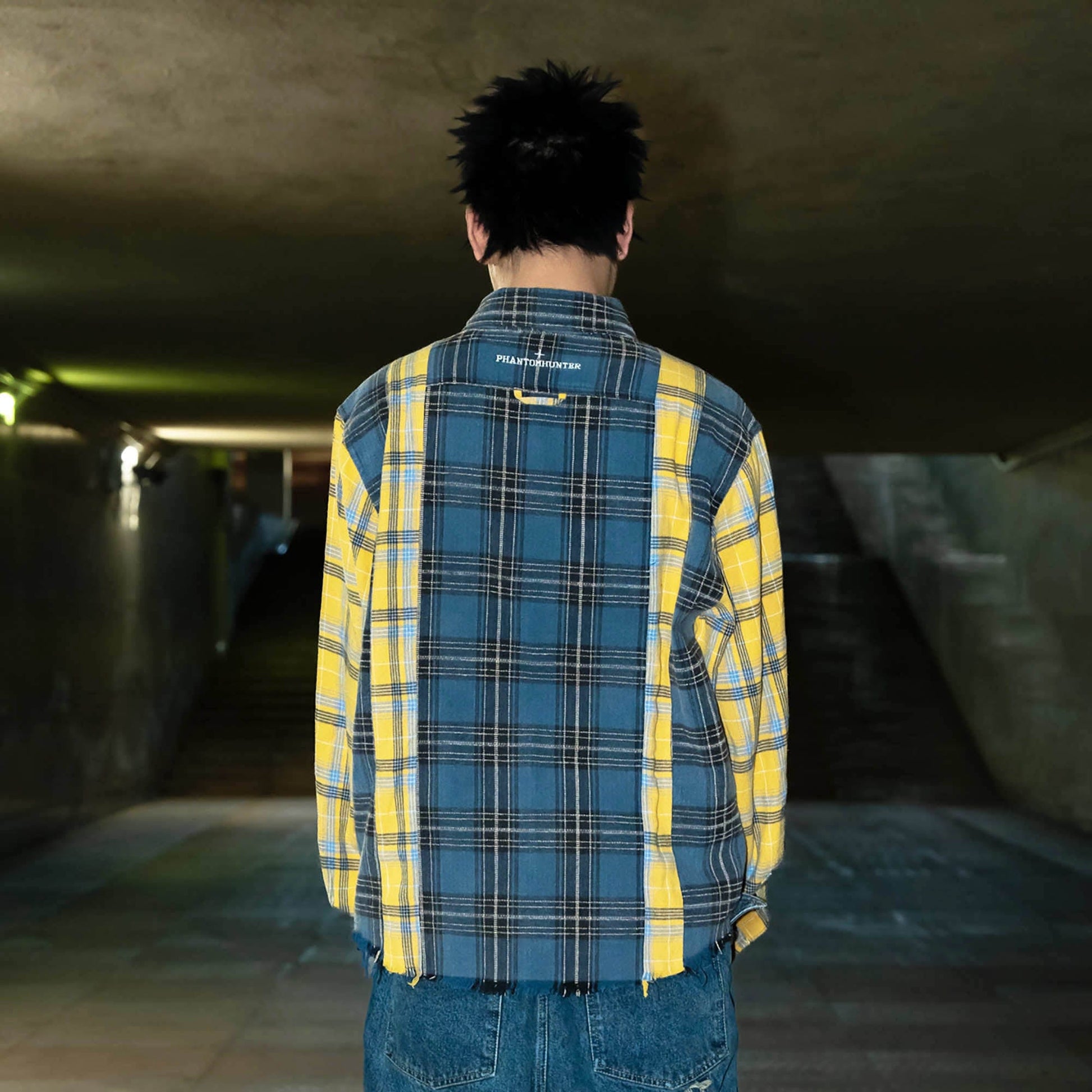 PHANTOMHUNTER Plaid Spliced Frayed Shirt-Shirt-M-Free Shipping Leatheretro