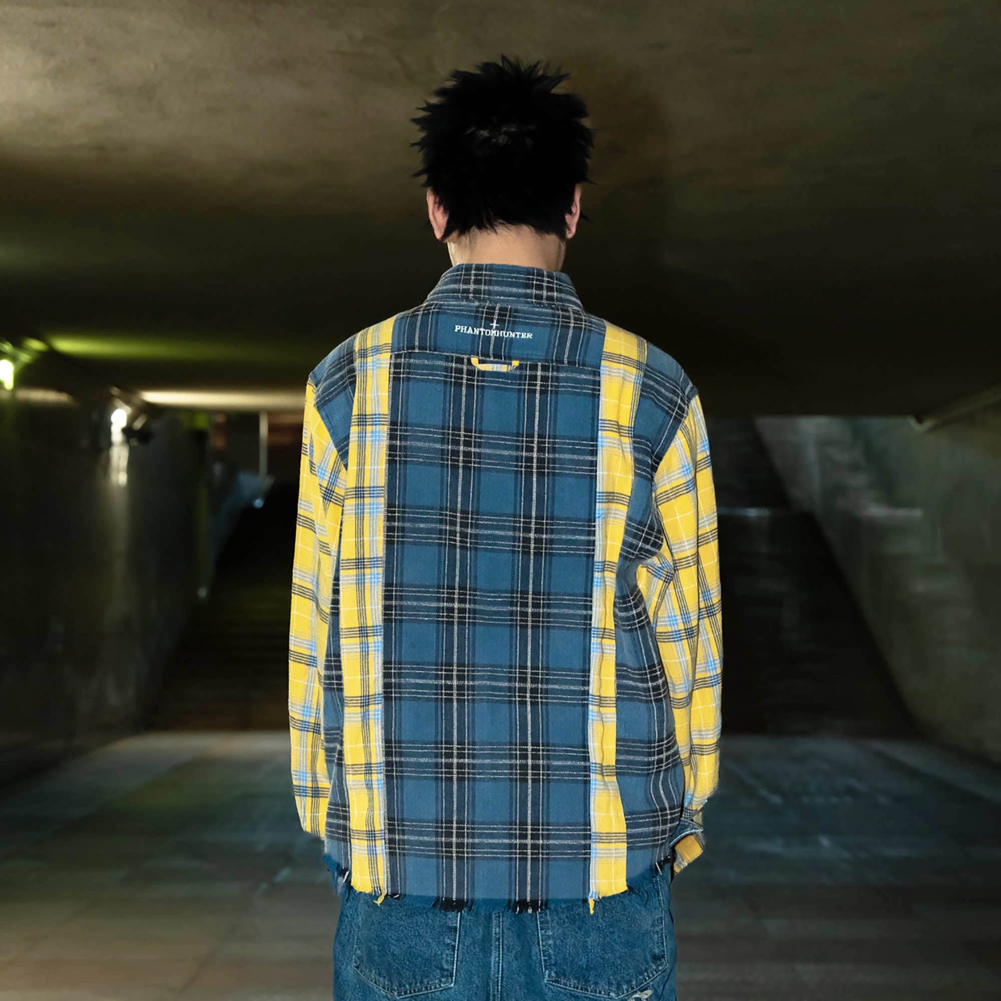 PHANTOMHUNTER Plaid Spliced Frayed Shirt-Shirt-M-Free Shipping Leatheretro