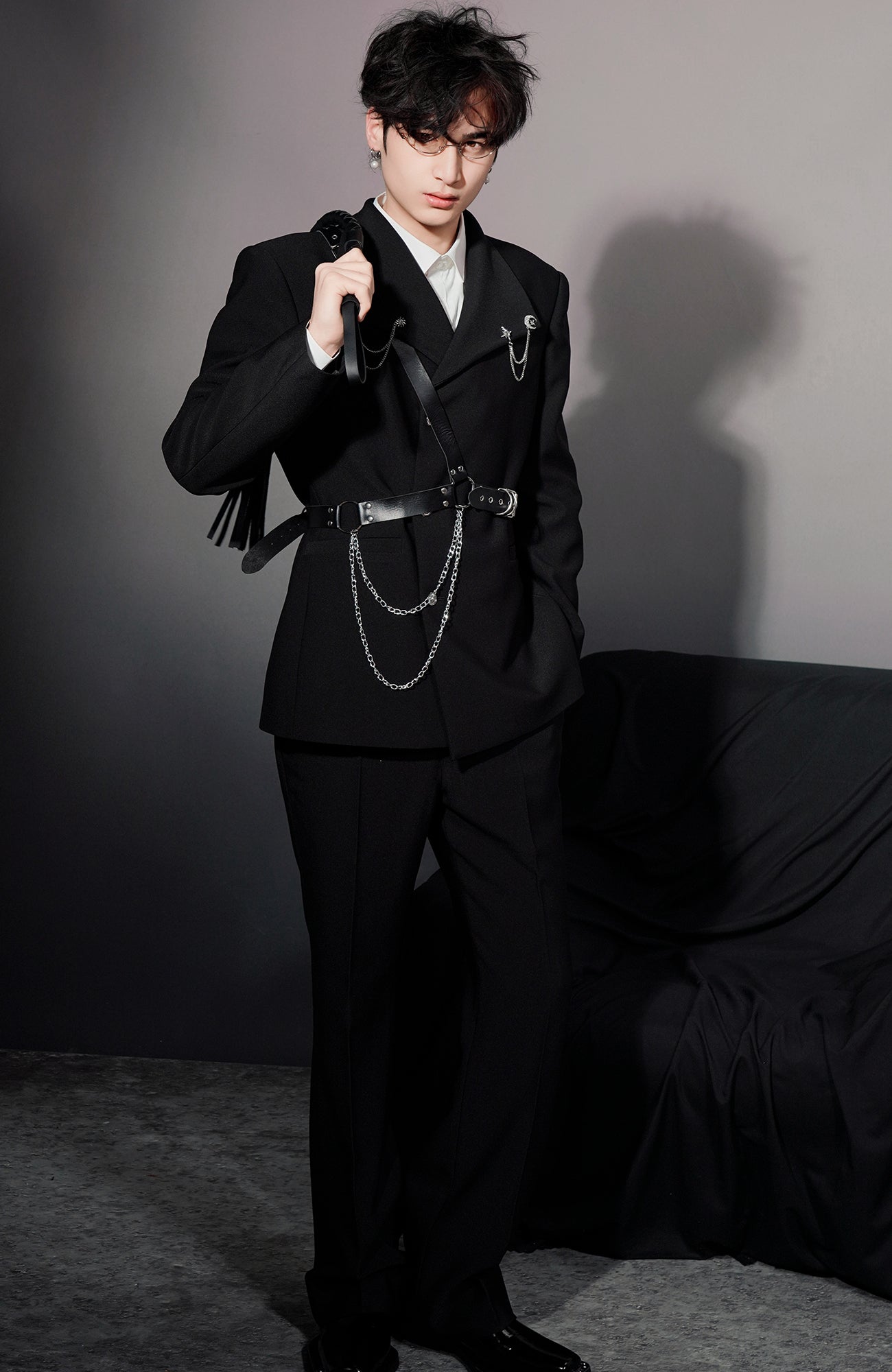 SHANG JIE Asymmetrical Harness Belt Chain-Drape Blazer-Jacket-M-Free Shipping Leatheretro