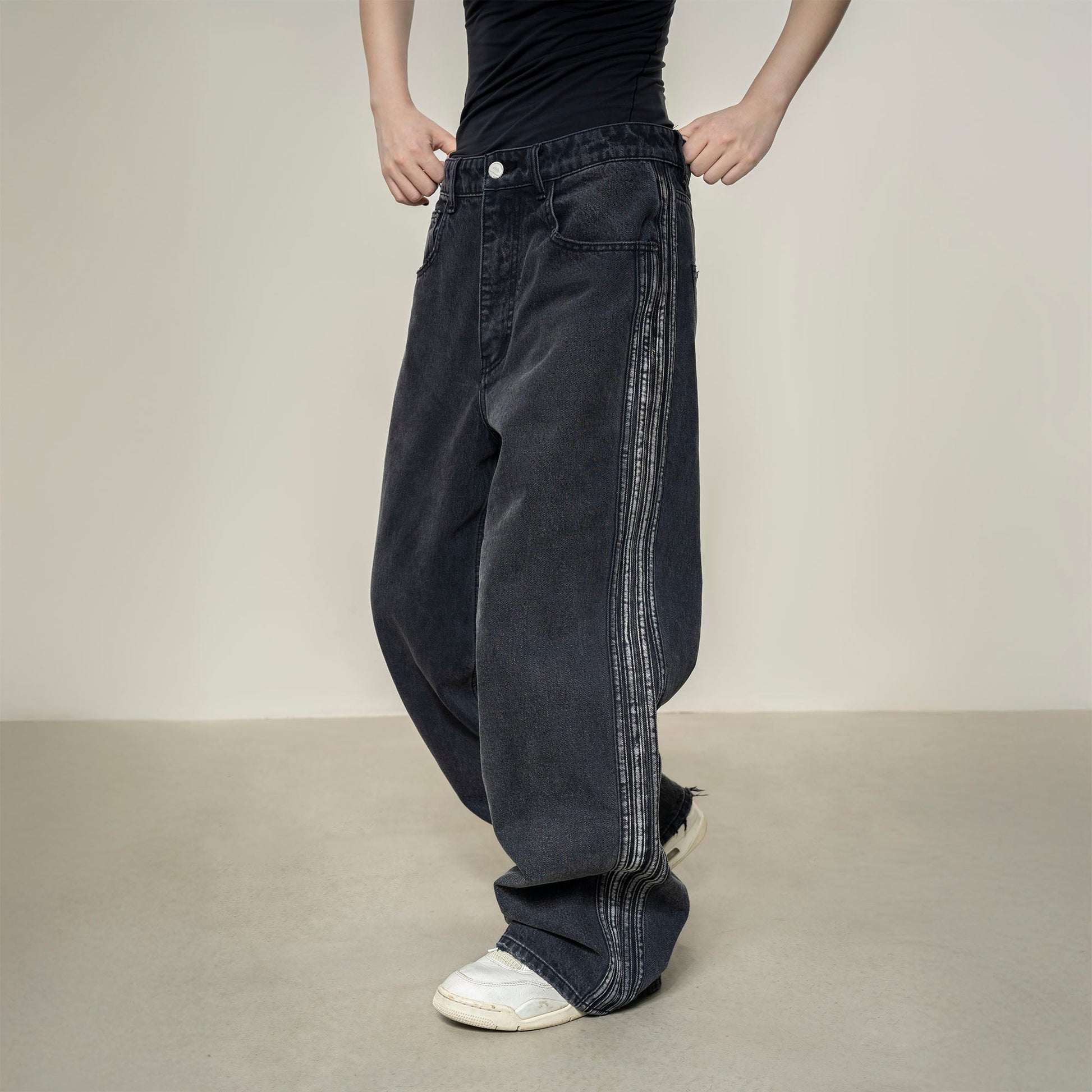 MAKEMORE Washed Side Striped Oversized Jeans-Jeans-S-Free Shipping Leatheretro