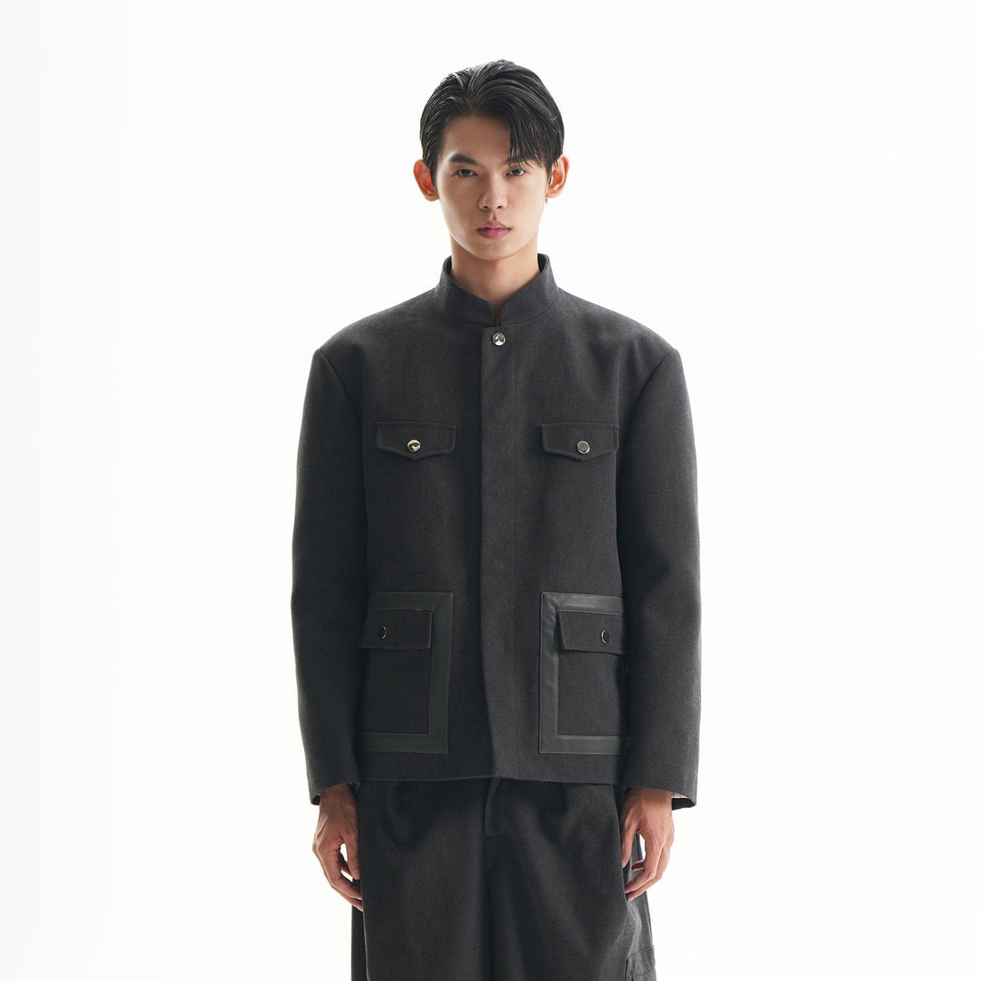 ORAL UTOPIA Flap Pocket Mandarin Collar Jacket-Jacket-S-Free Shipping Leatheretro