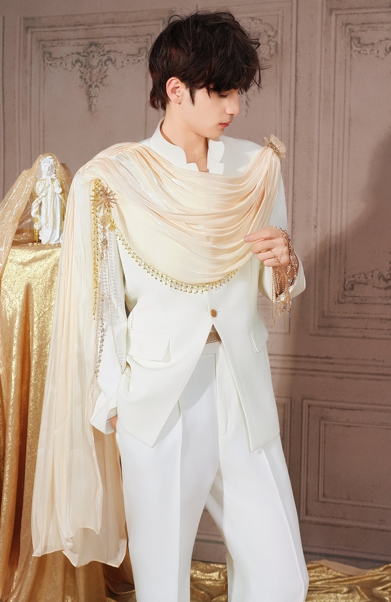 SHANG JIE Chain-Draped Sheer Overlay Blazer-Jacket-M-Free Shipping Leatheretro