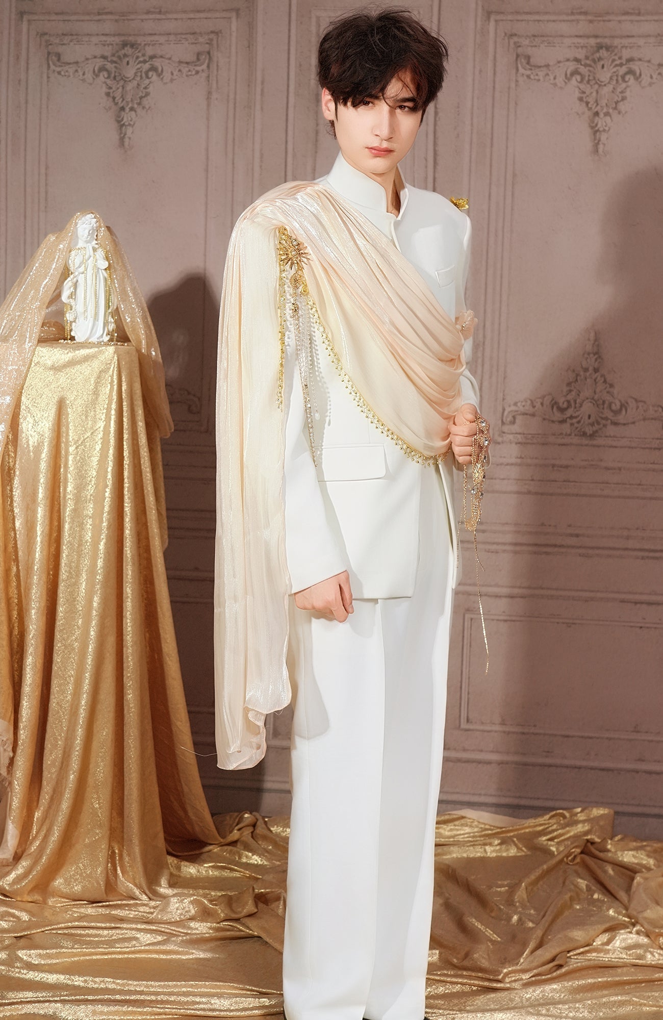 SHANG JIE Chain-Draped Sheer Overlay Blazer-Jacket-M-Free Shipping Leatheretro
