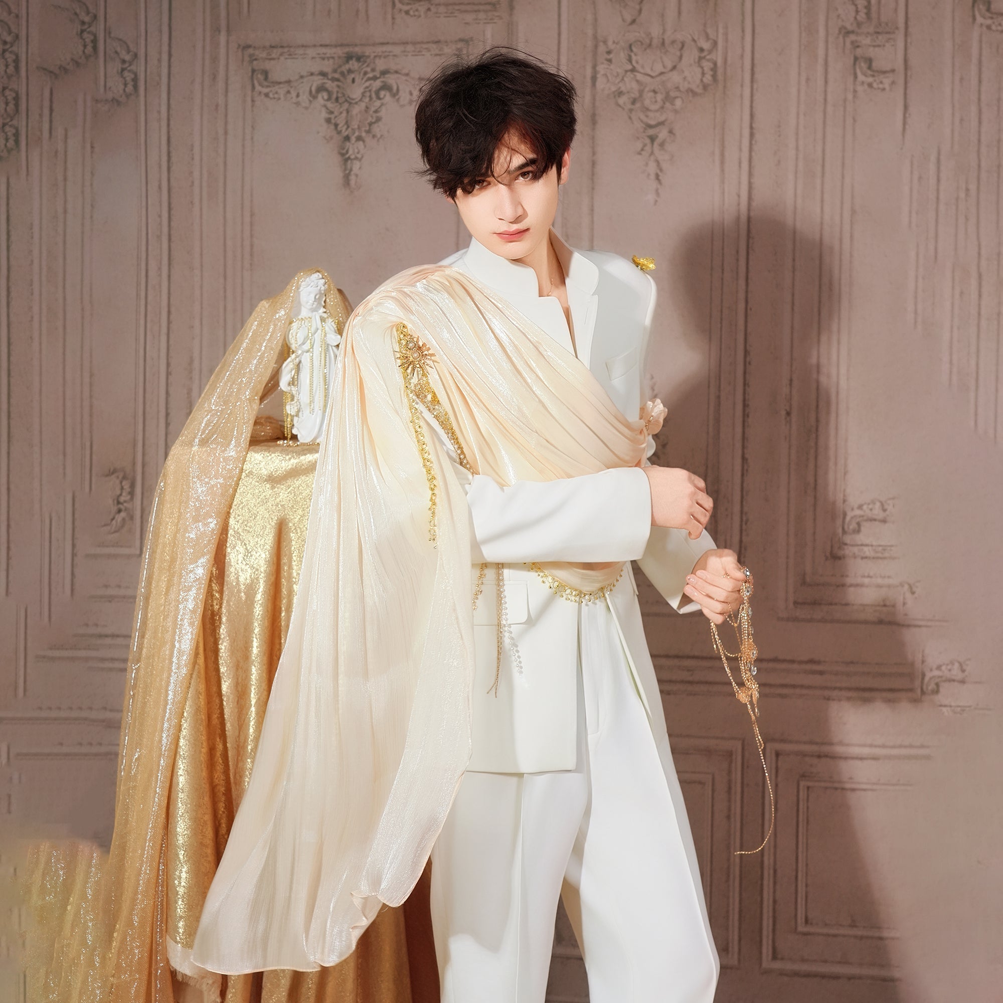 SHANG JIE Chain-Draped Sheer Overlay Blazer-Jacket-M-Free Shipping Leatheretro