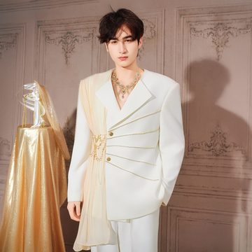 SHANG JIE Chain-Draped Sheer Panel Blazer-Jacket-M (Preorder)-Free Shipping Leatheretro