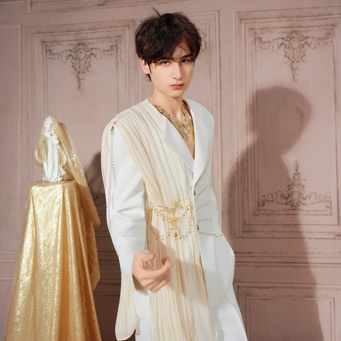 SHANG JIE Chain-Draped Sheer Panel Blazer-Jacket-M (Preorder)-Free Shipping Leatheretro
