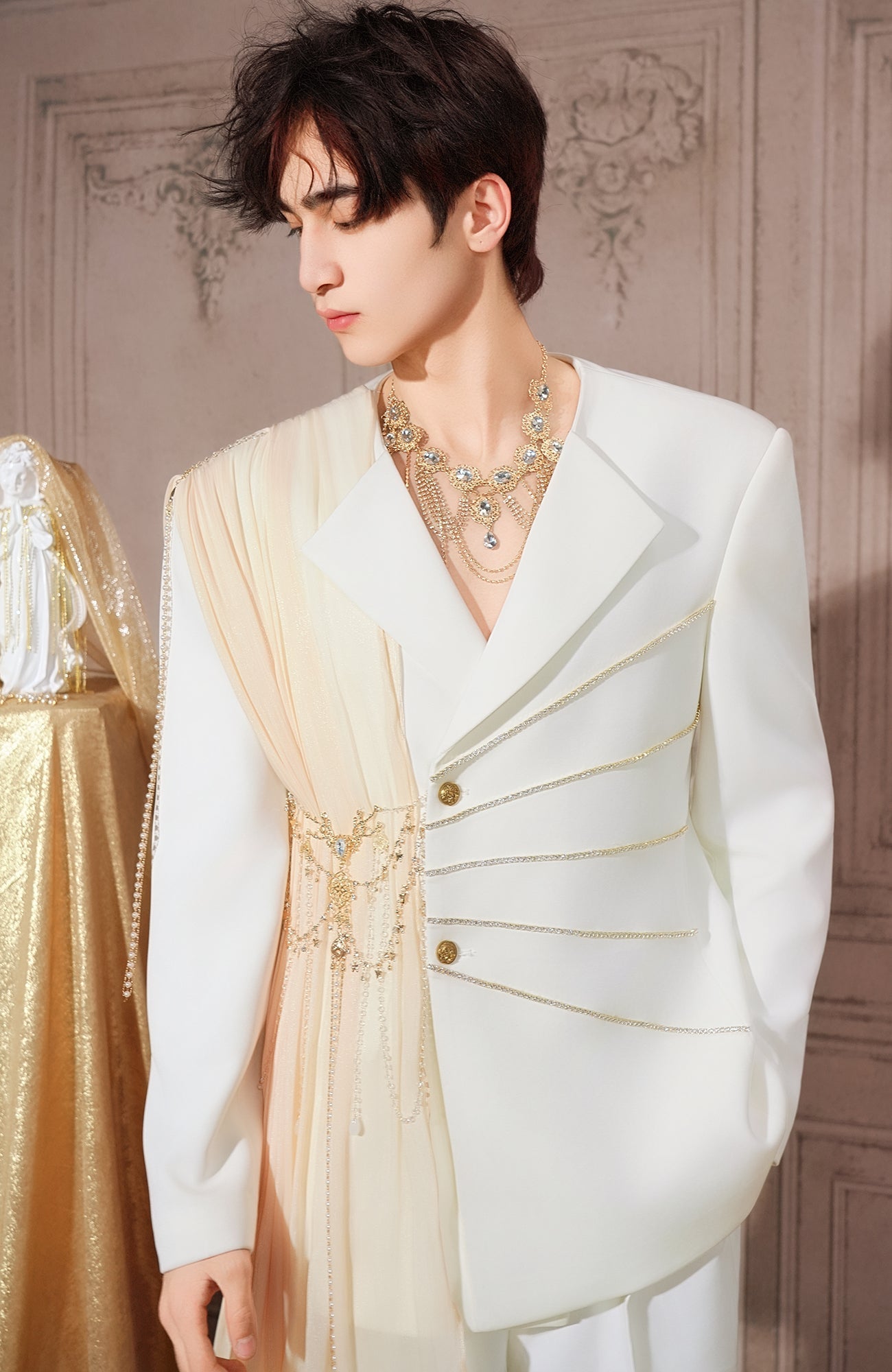 SHANG JIE Chain-Draped Sheer Panel Blazer-Jacket-M (Preorder)-Free Shipping Leatheretro