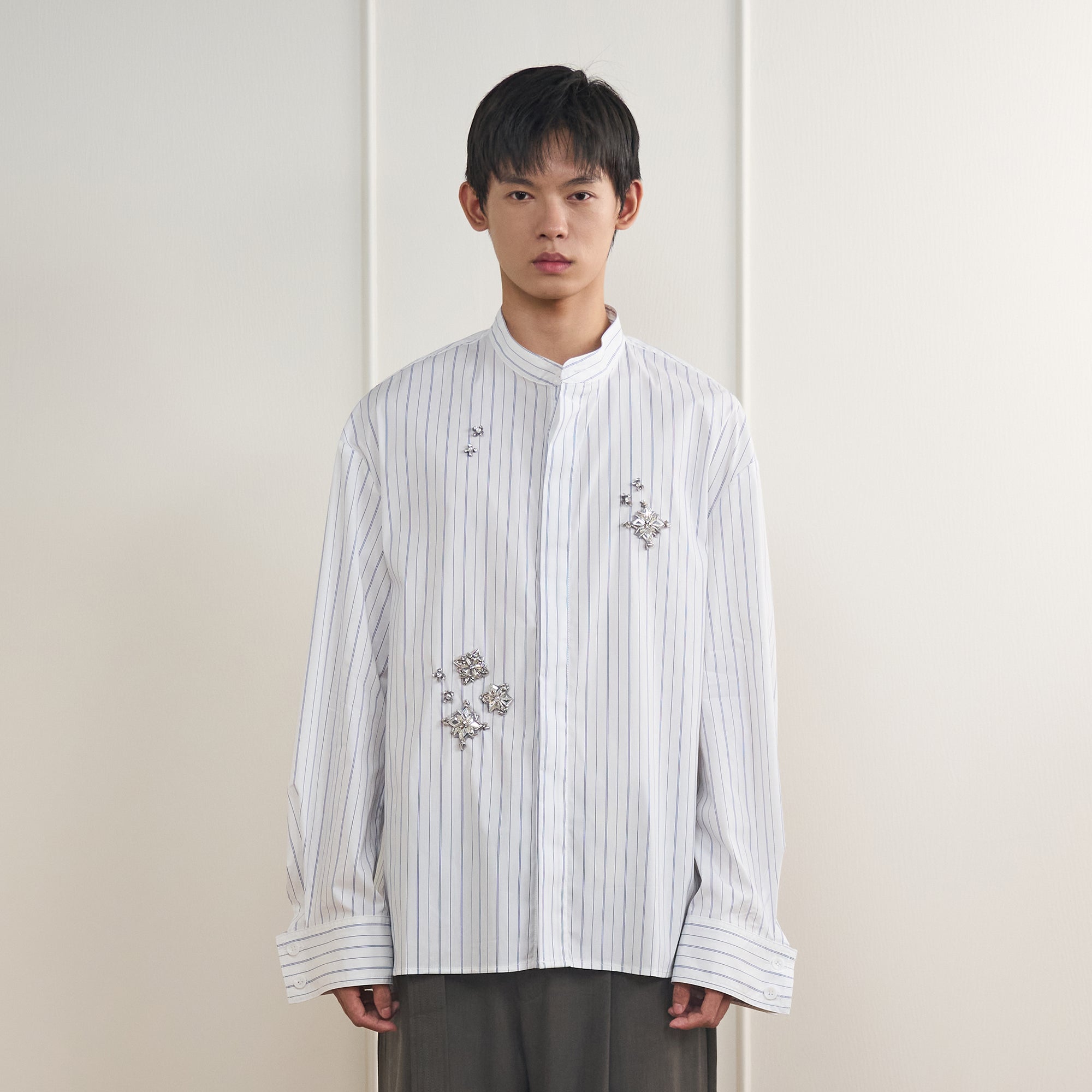 ORAL UTOPIA Silver Embellished Striped Mandarin Collar Shirt-Shirt-S-Free Shipping Leatheretro