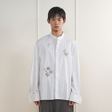 ORAL UTOPIA Silver Embellished Striped Mandarin Collar Shirt-Shirt-S-Free Shipping Leatheretro