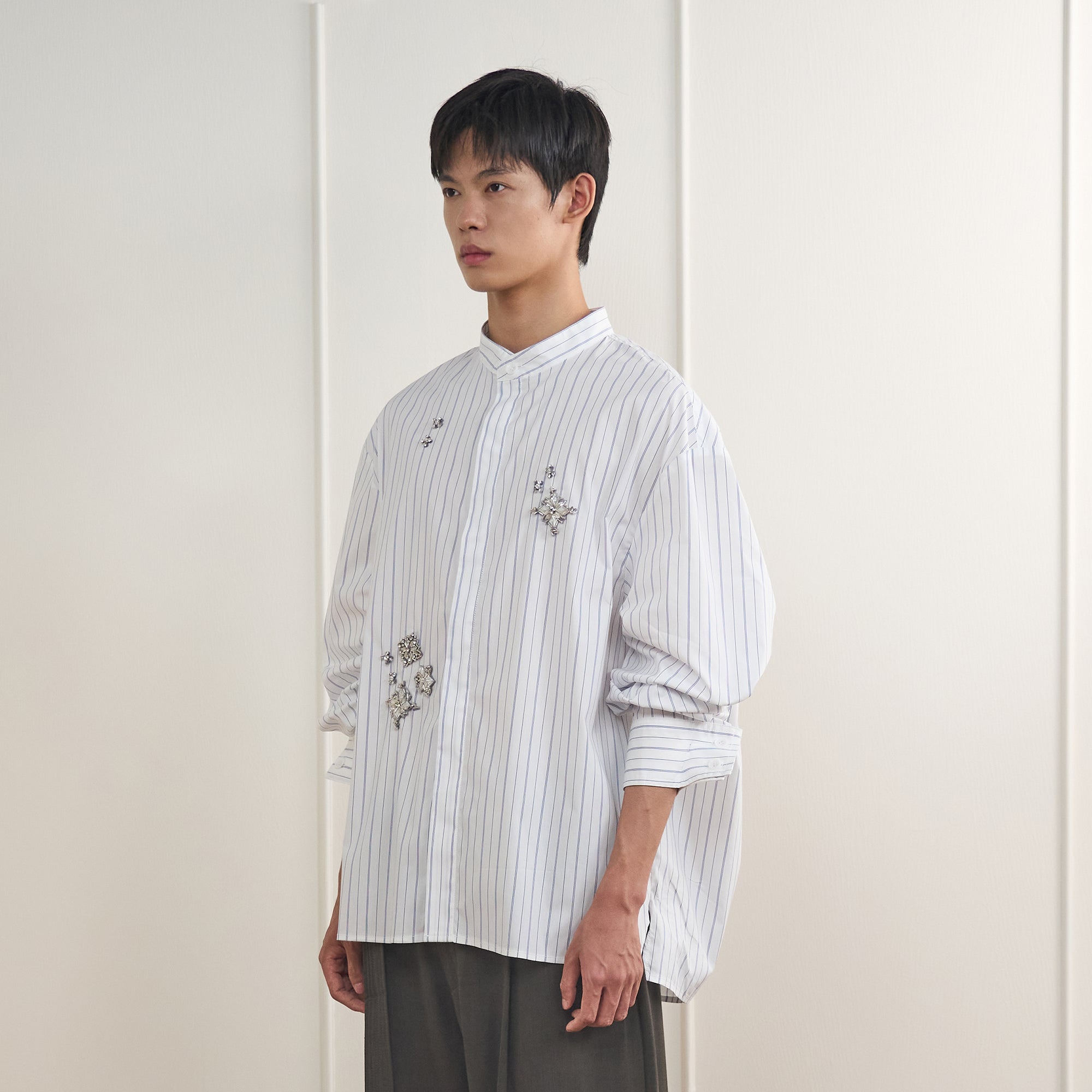 ORAL UTOPIA Silver Embellished Striped Mandarin Collar Shirt-Shirt-S-Free Shipping Leatheretro