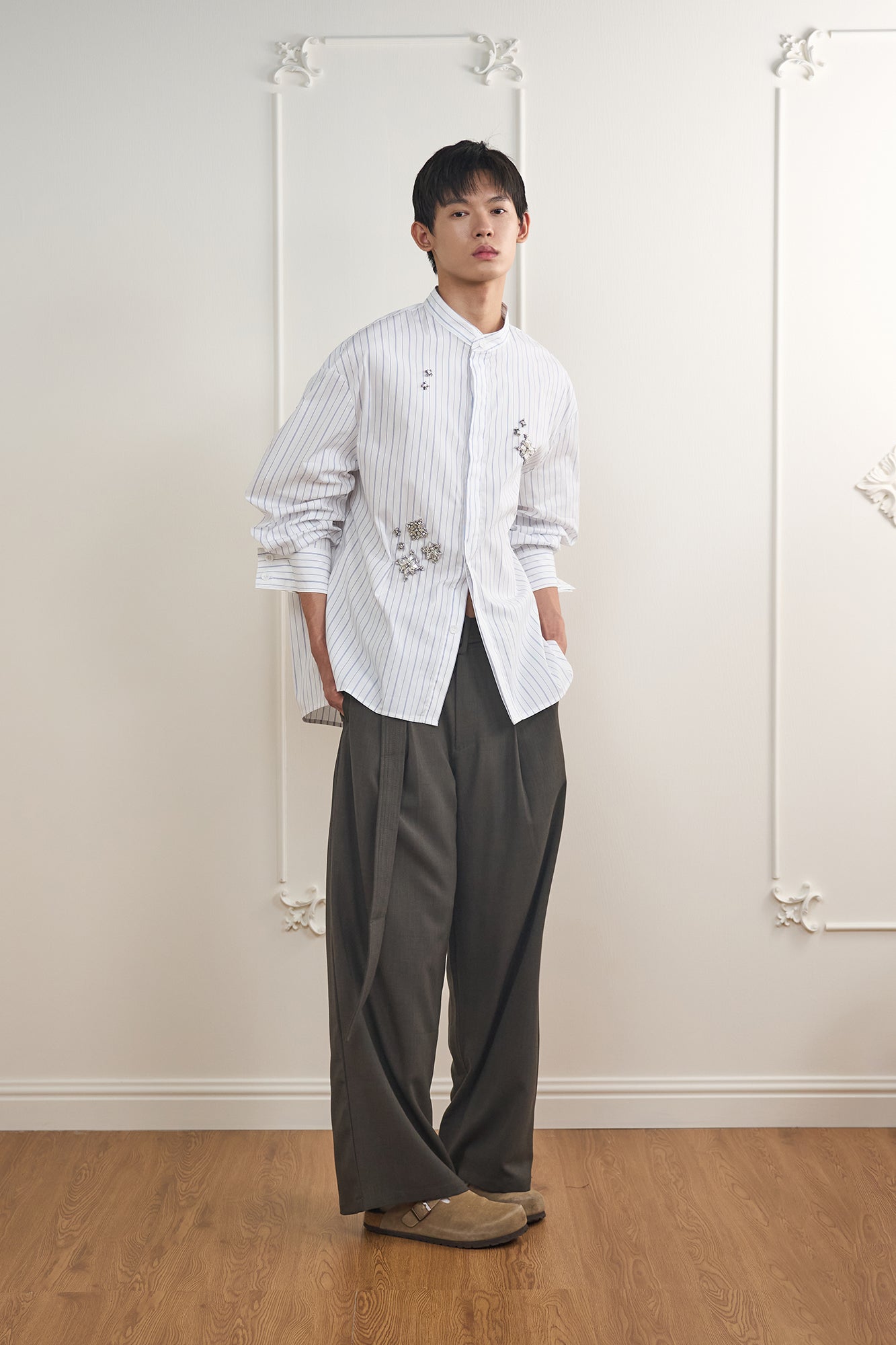 ORAL UTOPIA Silver Embellished Striped Mandarin Collar Shirt-Shirt-S-Free Shipping Leatheretro