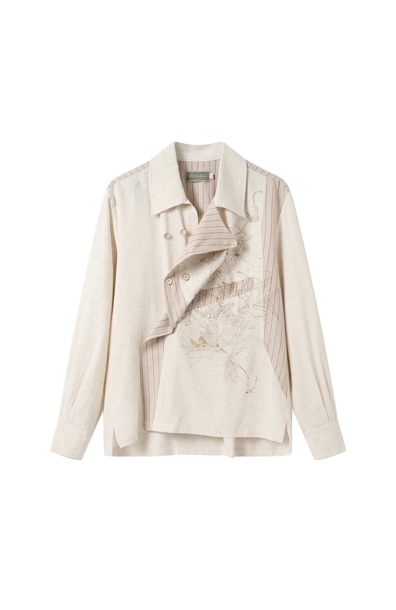 MOITIEDEPETALE Asymmetrical Floral Sketch Linen-Blend Shirt-Shirt-XS-Long-Sleeves-Free Shipping Leatheretro