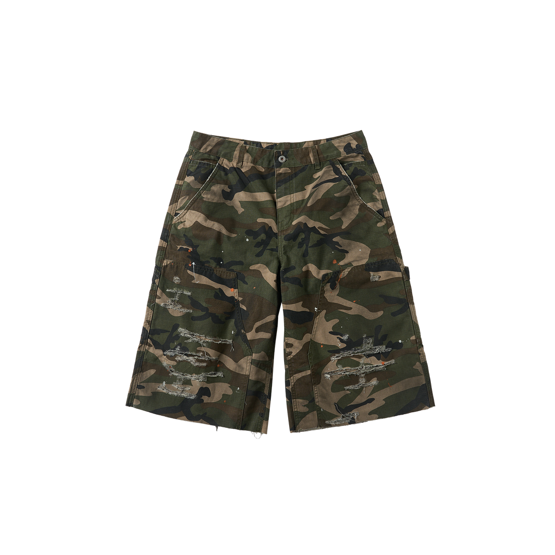 SAVAGEGROWTHWORLD Distressed Paint-Splatter Camo Shorts-Shorts-S (Preorder)-Free Shipping Leatheretro