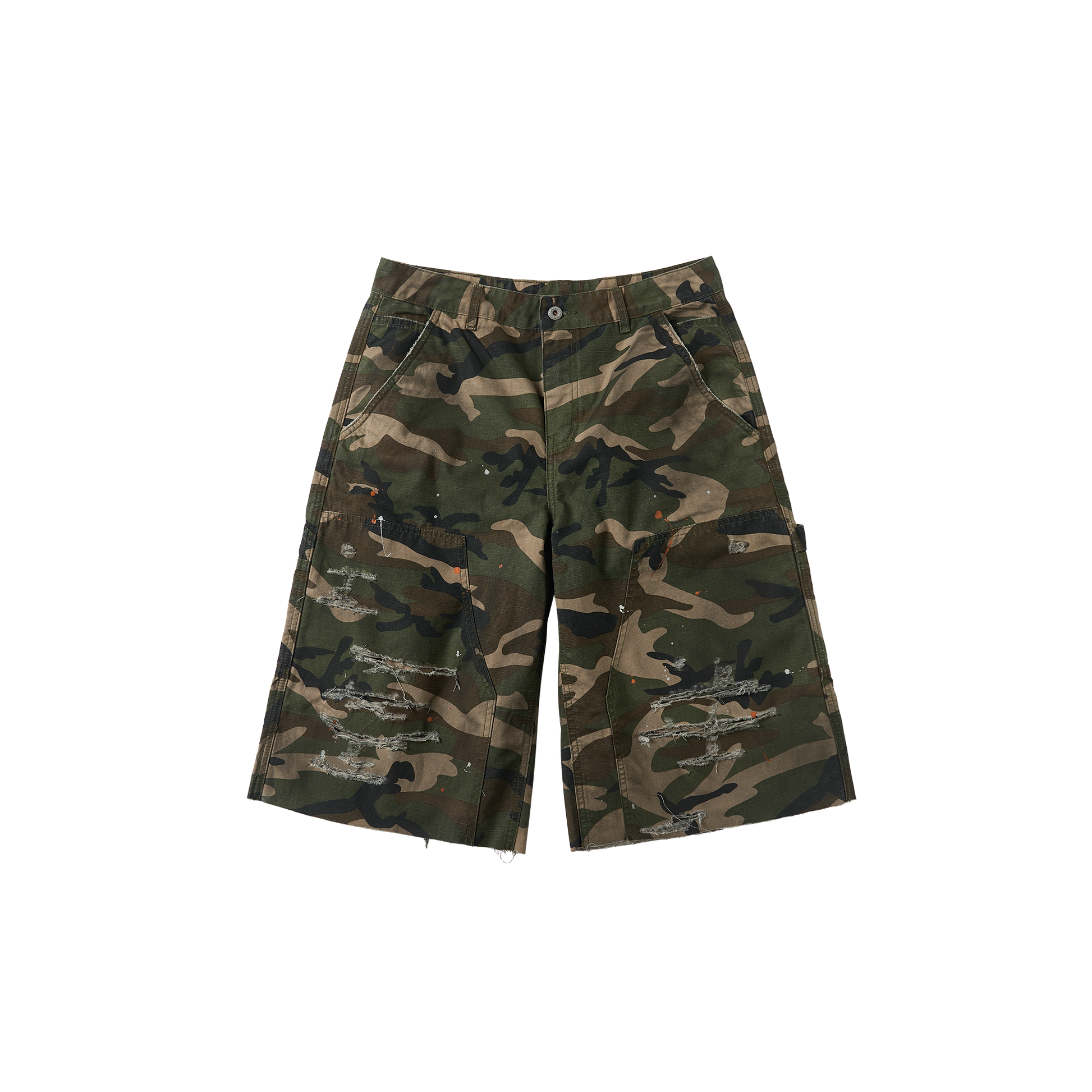 SAVAGEGROWTHWORLD Distressed Paint-Splatter Camo Shorts-Shorts-S (Preorder)-Free Shipping Leatheretro