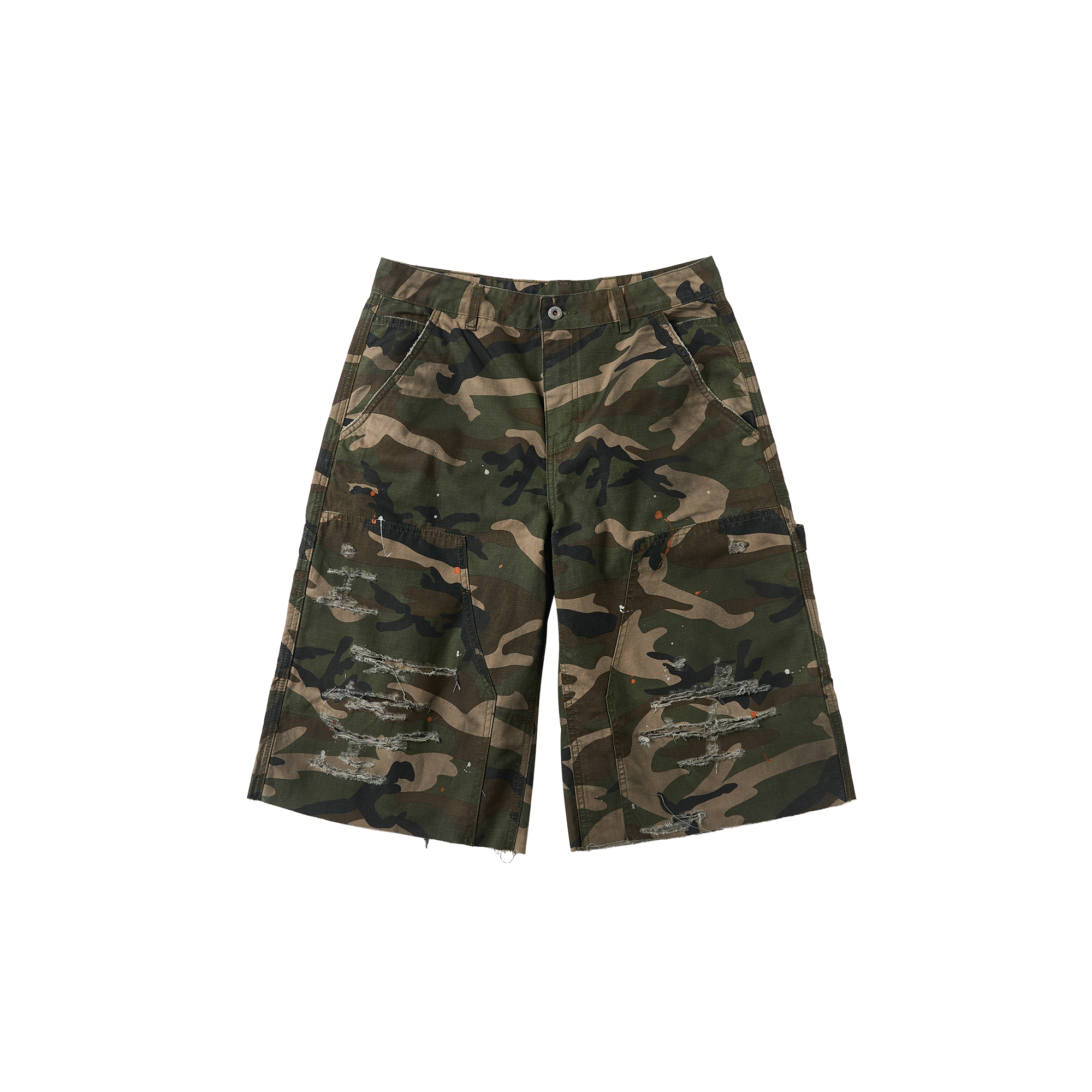 SAVAGEGROWTHWORLD Distressed Paint-Splatter Camo Shorts-Shorts-S (Preorder)-Free Shipping Leatheretro