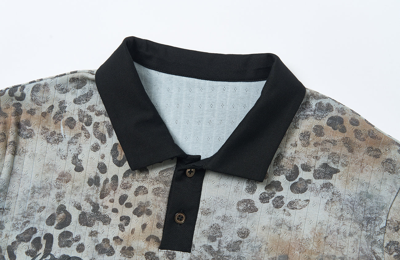 SAVAGEGROWTHWORLD Distressed Digital Leopard Polo Tee-T Shirt-S (Preorder)-Free Shipping Leatheretro