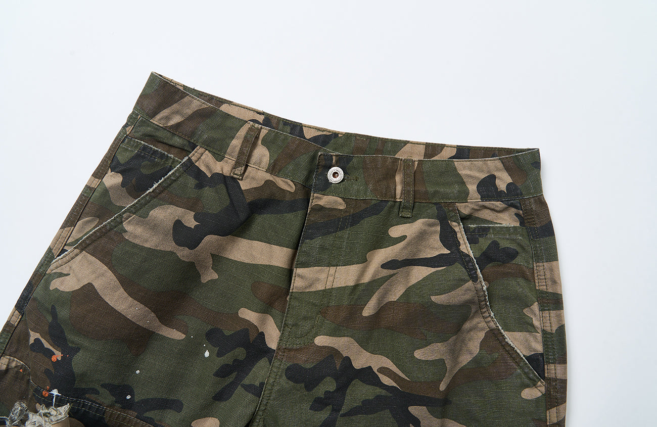 SAVAGEGROWTHWORLD Distressed Paint-Splatter Camo Shorts-Shorts-S (Preorder)-Free Shipping Leatheretro