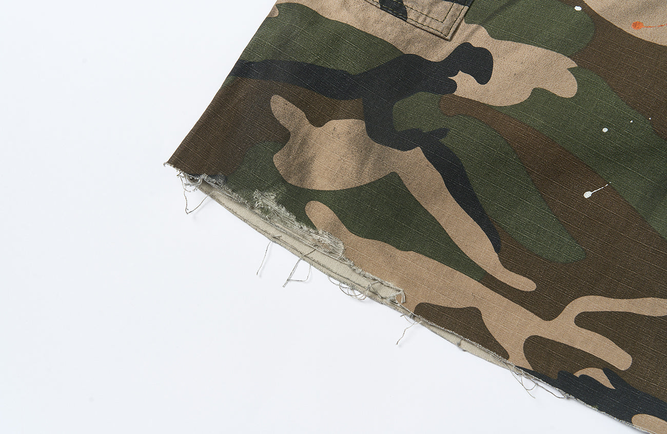 SAVAGEGROWTHWORLD Distressed Paint-Splatter Camo Shorts-Shorts-S (Preorder)-Free Shipping Leatheretro