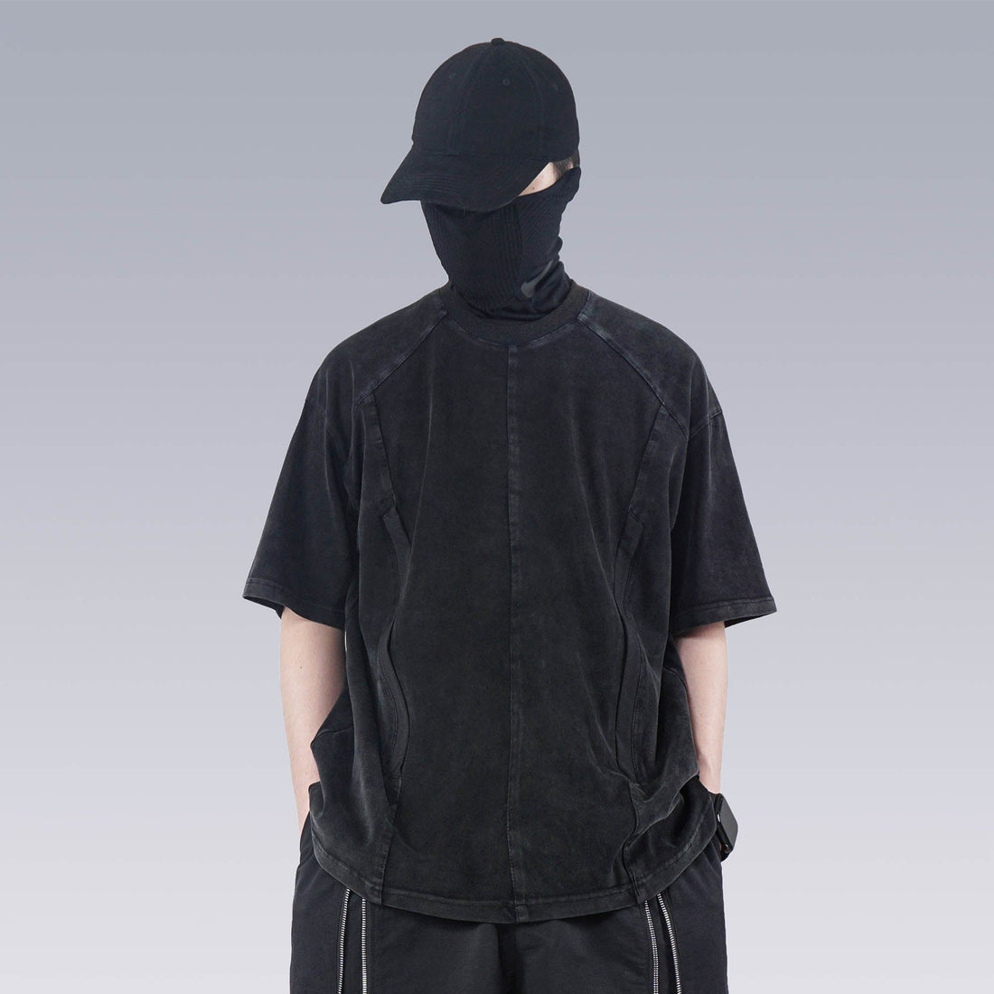 SILENSTORM Washed Paneled Side Pocket T-Shirt-T Shirt-S-Black-Free Shipping Leatheretro