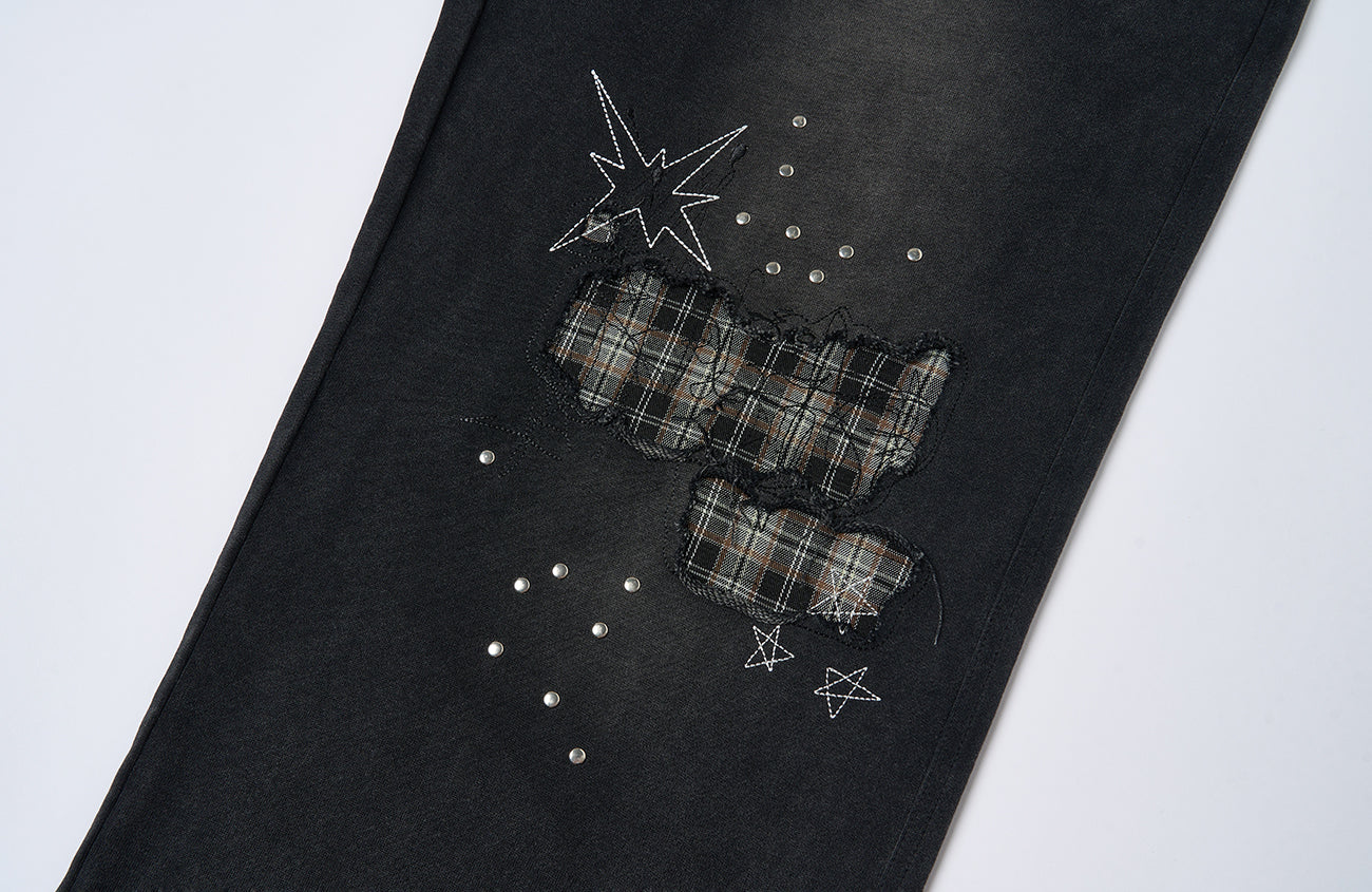 SAVAGEGROWTHWORLD Studded Plaid Panel Sweatpants-Pants-S-Free Shipping Leatheretro