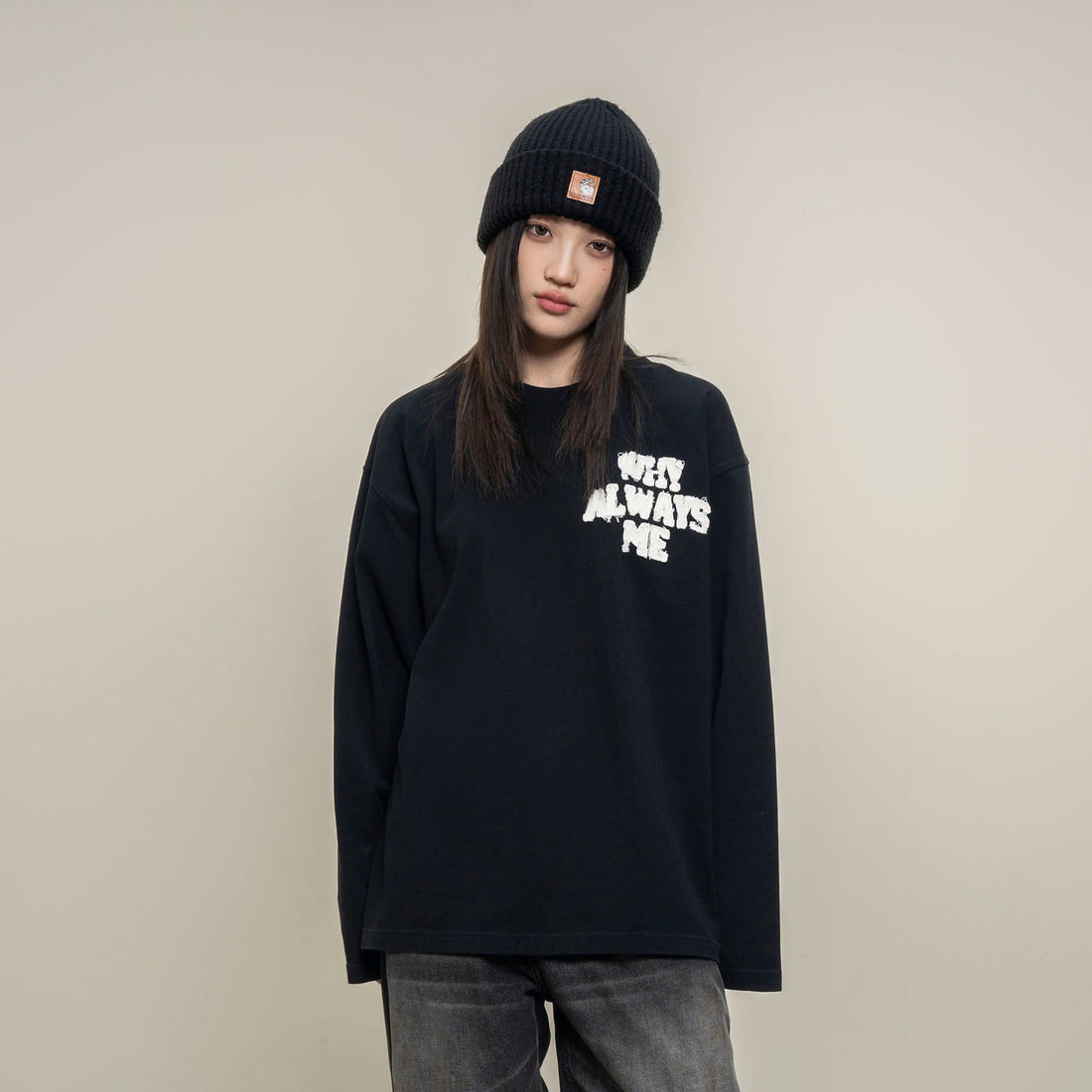 MAKEMORE Text Graphic Patch Long-Sleeve Tee-L/S Tee-S-Black-Free Shipping Leatheretro