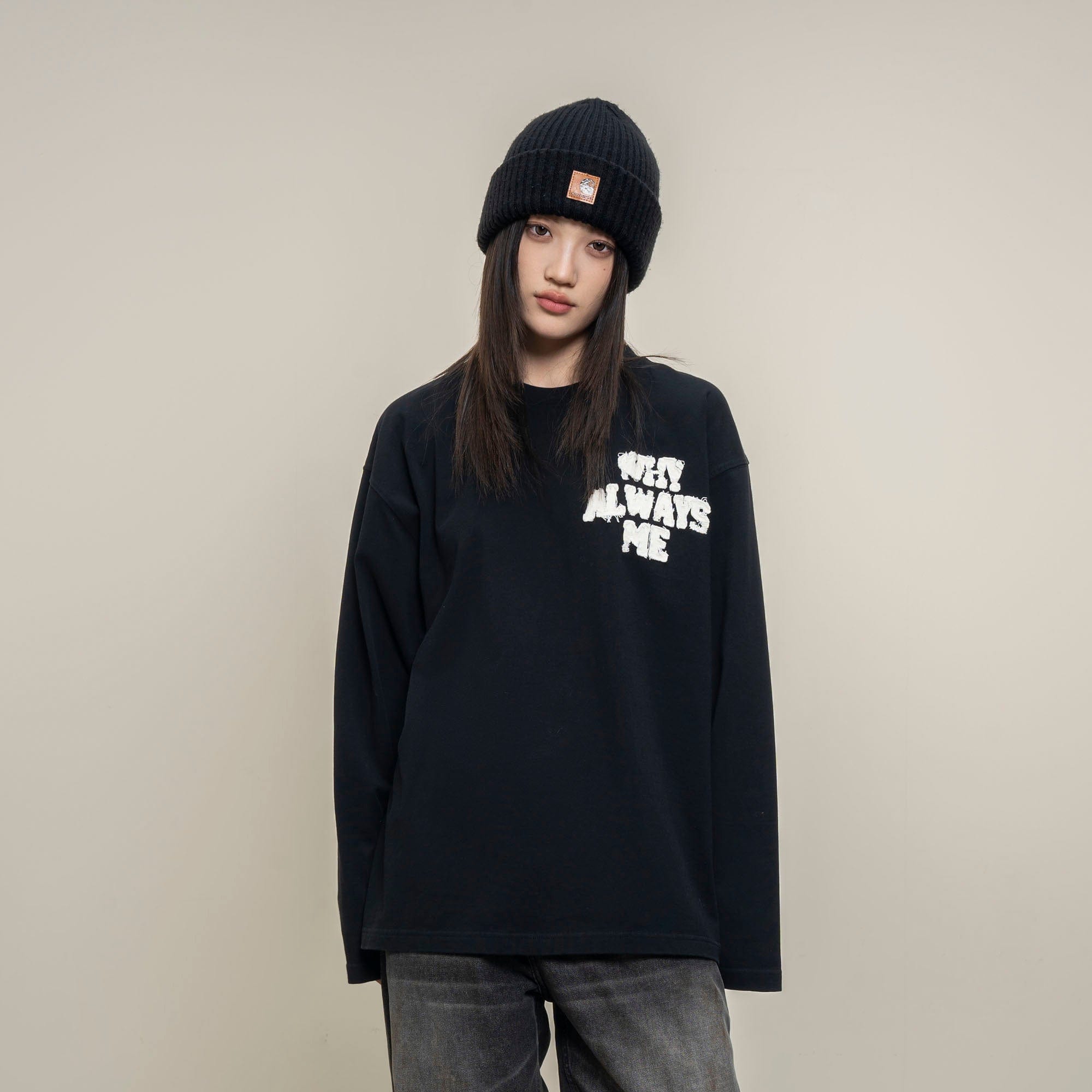 MAKEMORE Text Graphic Patch Long-Sleeve Tee-L/S Tee-S-Black-Free Shipping Leatheretro