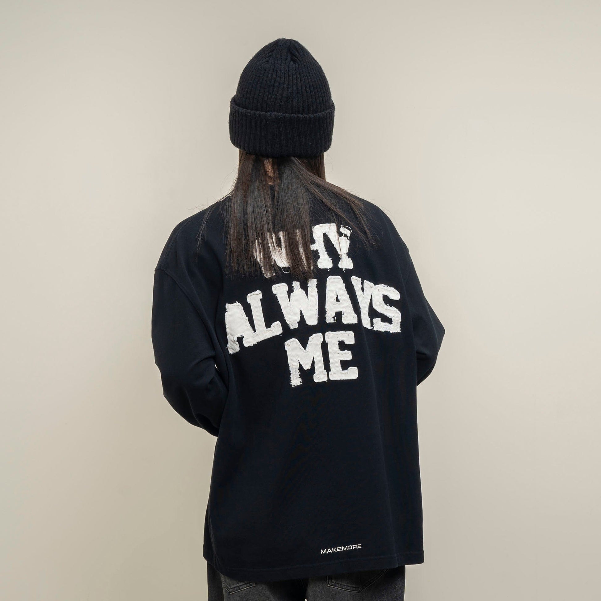 MAKEMORE Text Graphic Patch Long-Sleeve Tee-L/S Tee-S-Black-Free Shipping Leatheretro
