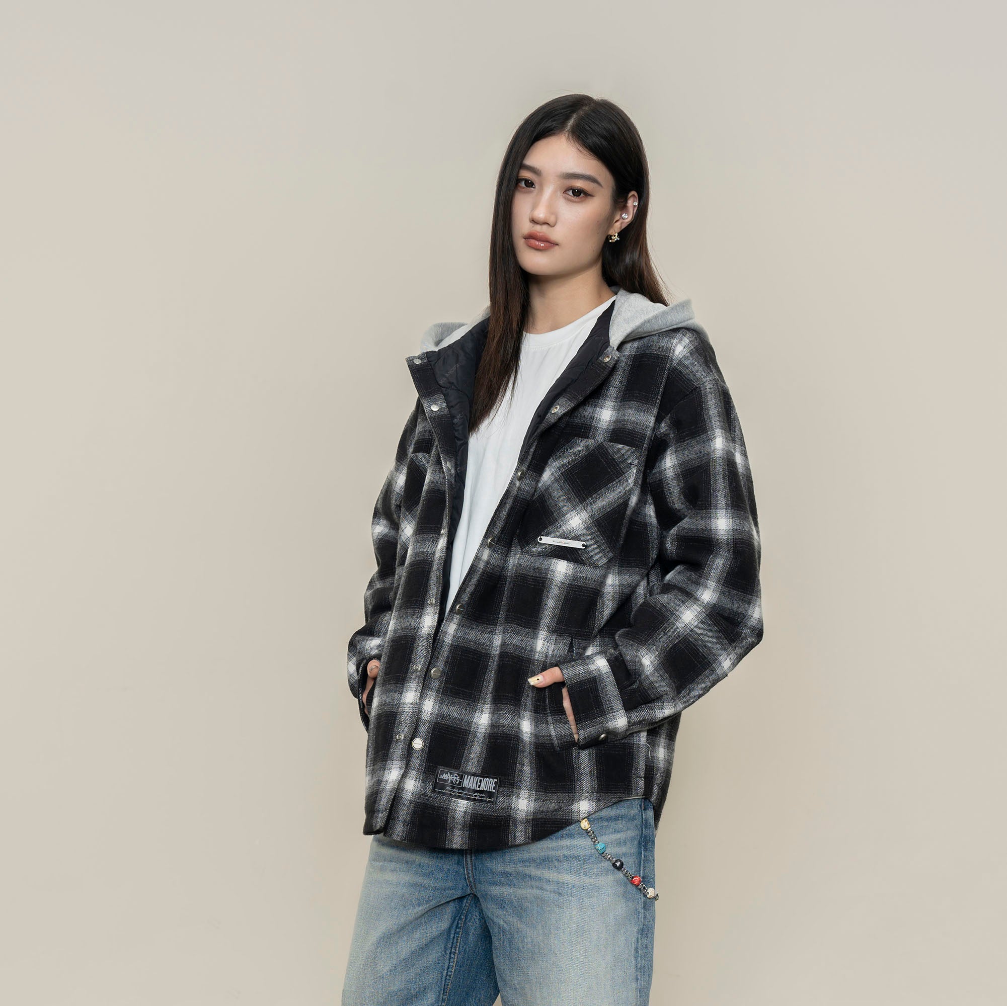 MAKEMORE Plaid Pocket Hooded Insulated Shirt-Shirt-S-Free Shipping Leatheretro