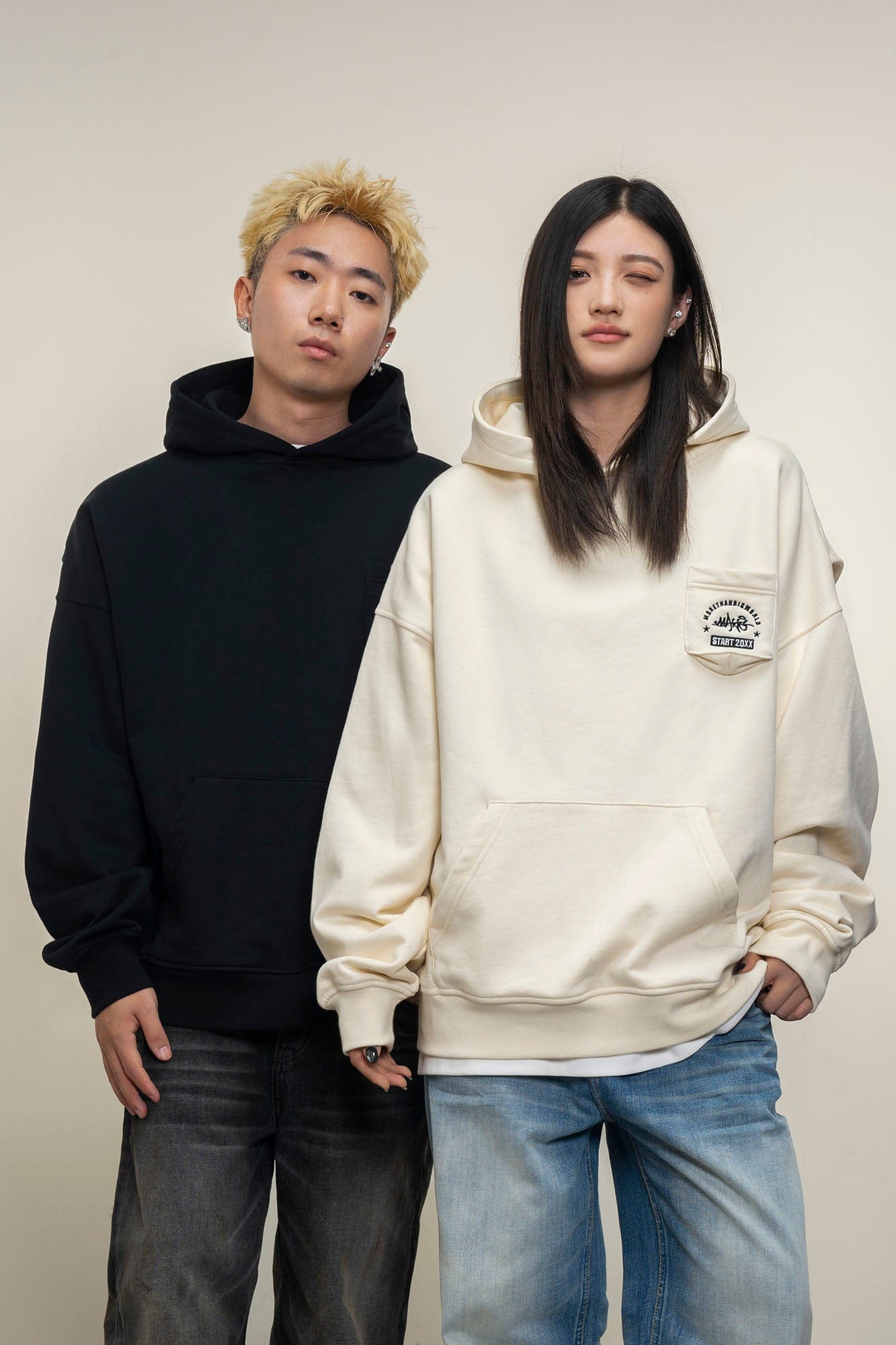 MAKEMORE Faux-Layer Embroidered Pocket Hoodie-Hoodie-S-Beige-Free Shipping Leatheretro