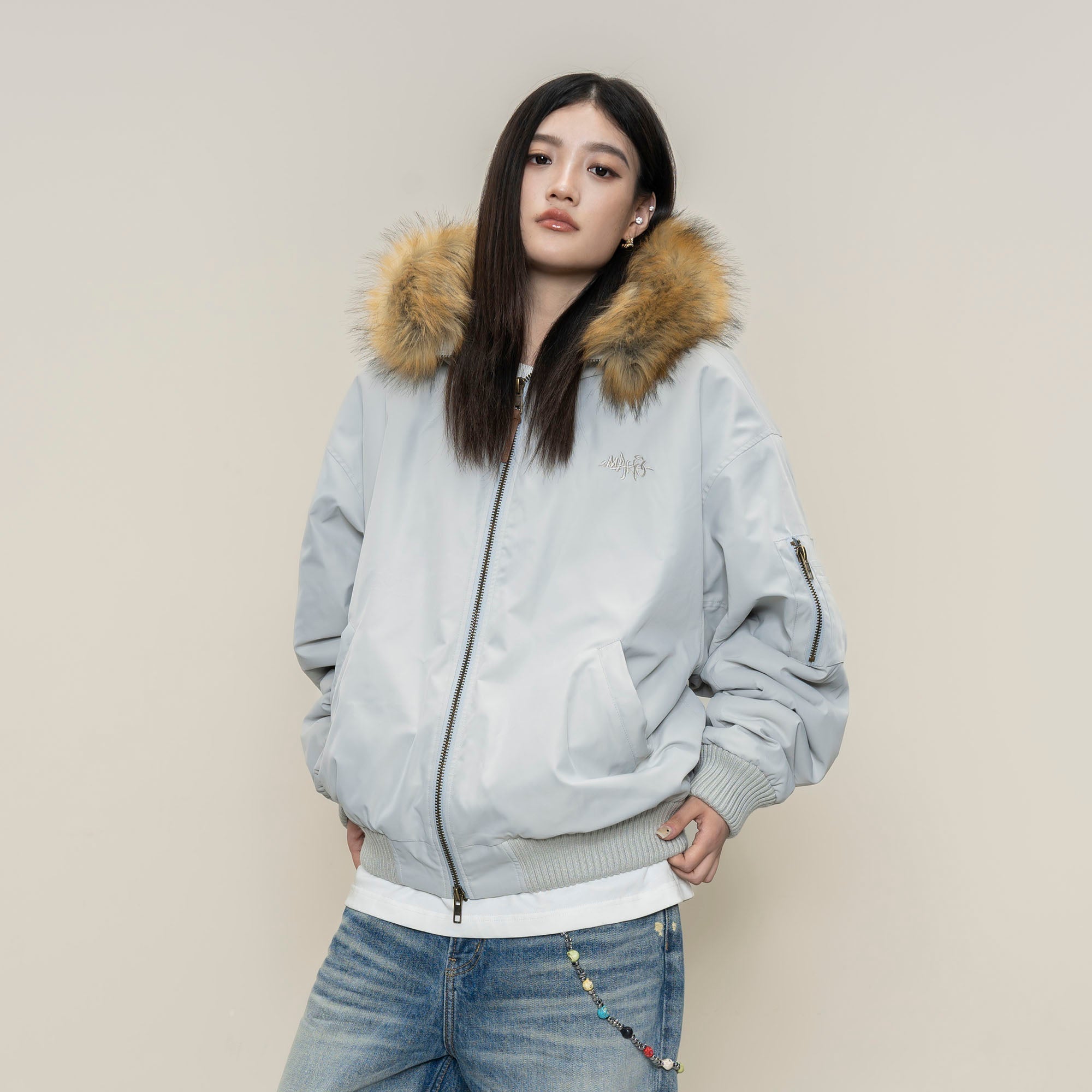 MAKEMORE Detachable Faux Fur Trim Satin Bomber Jacket-Jacket-S-Silver-Free Shipping Leatheretro