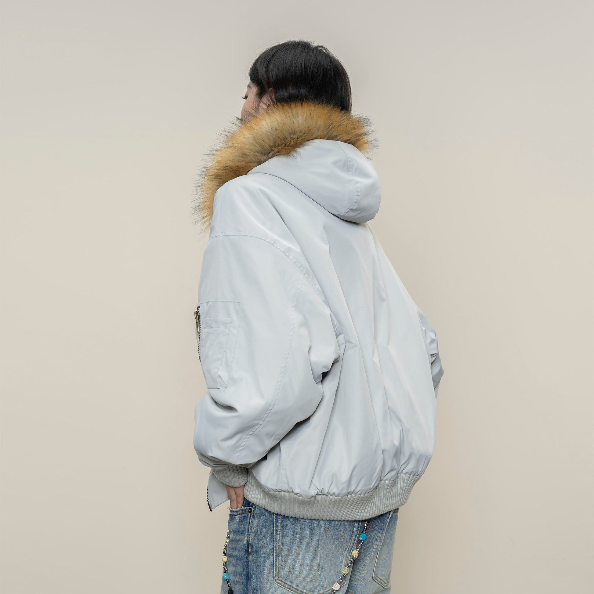 MAKEMORE Detachable Faux Fur Trim Satin Bomber Jacket-Jacket-S-Black-Free Shipping Leatheretro