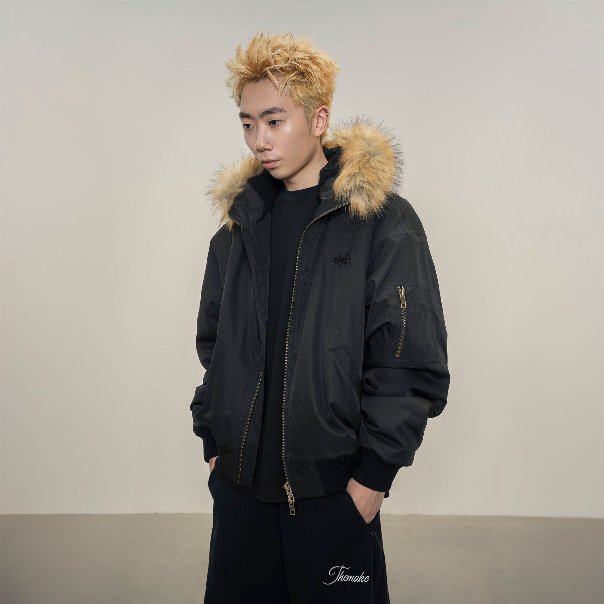 MAKEMORE Detachable Faux Fur Trim Satin Bomber Jacket-Jacket-S-Black-Free Shipping Leatheretro