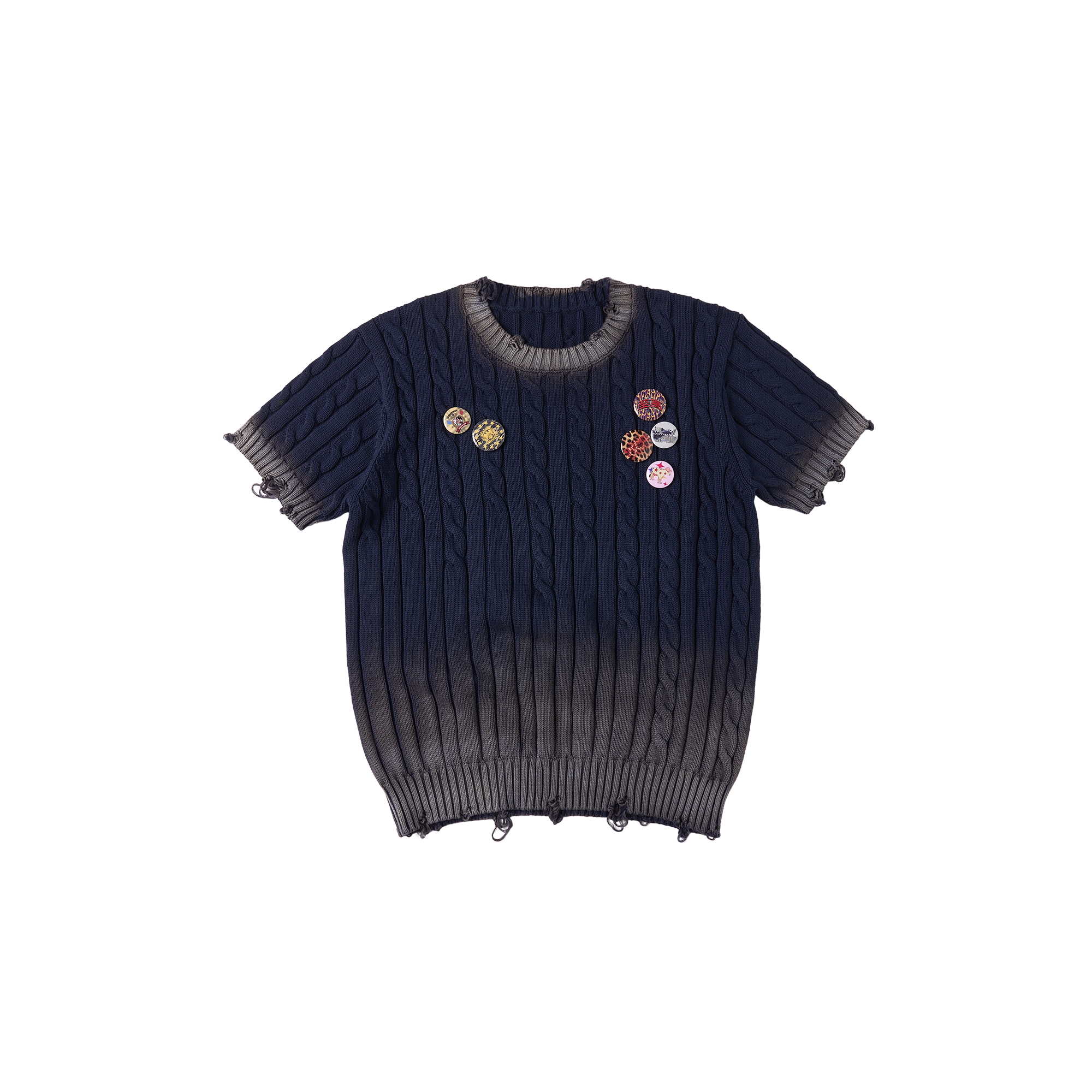 SAVAGEGROWTHWORLD Distressed Cable-Knit Badge Tee-T Shirt-S (Preorder)-Free Shipping Leatheretro