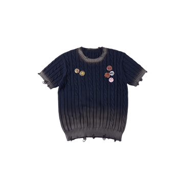 SAVAGEGROWTHWORLD Distressed Cable-Knit Badge Tee-T Shirt-S (Preorder)-Free Shipping Leatheretro
