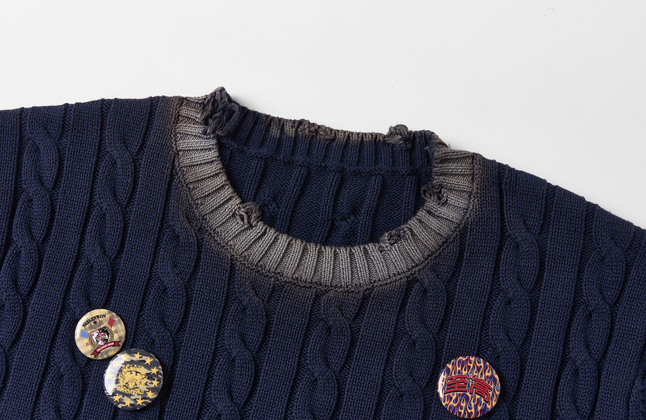 SAVAGEGROWTHWORLD Distressed Cable-Knit Badge Tee-T Shirt-S (Preorder)-Free Shipping Leatheretro
