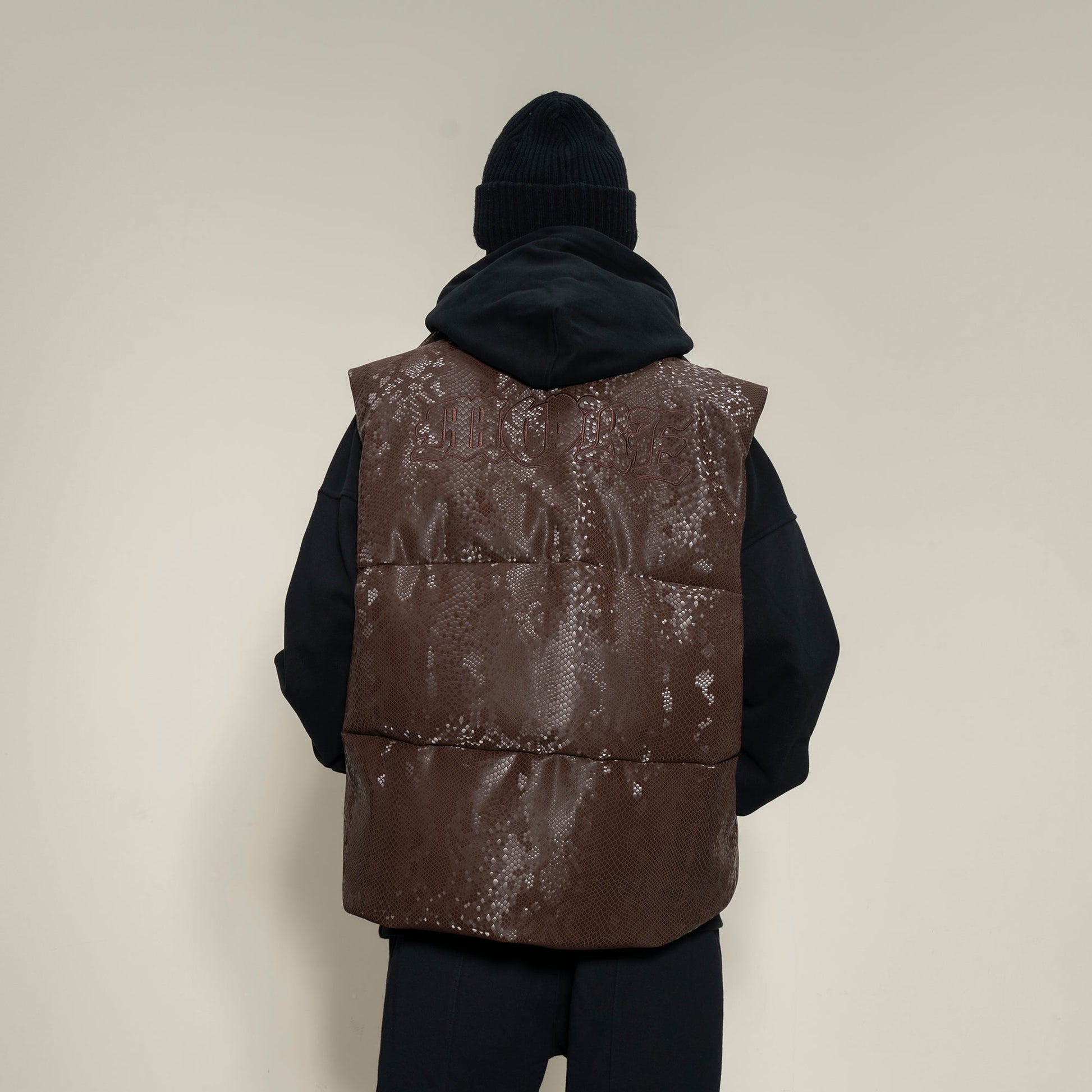 MAKEMORE Scale-Textured PU Embroidered Puffer Vest-Vest-M-Free Shipping Leatheretro