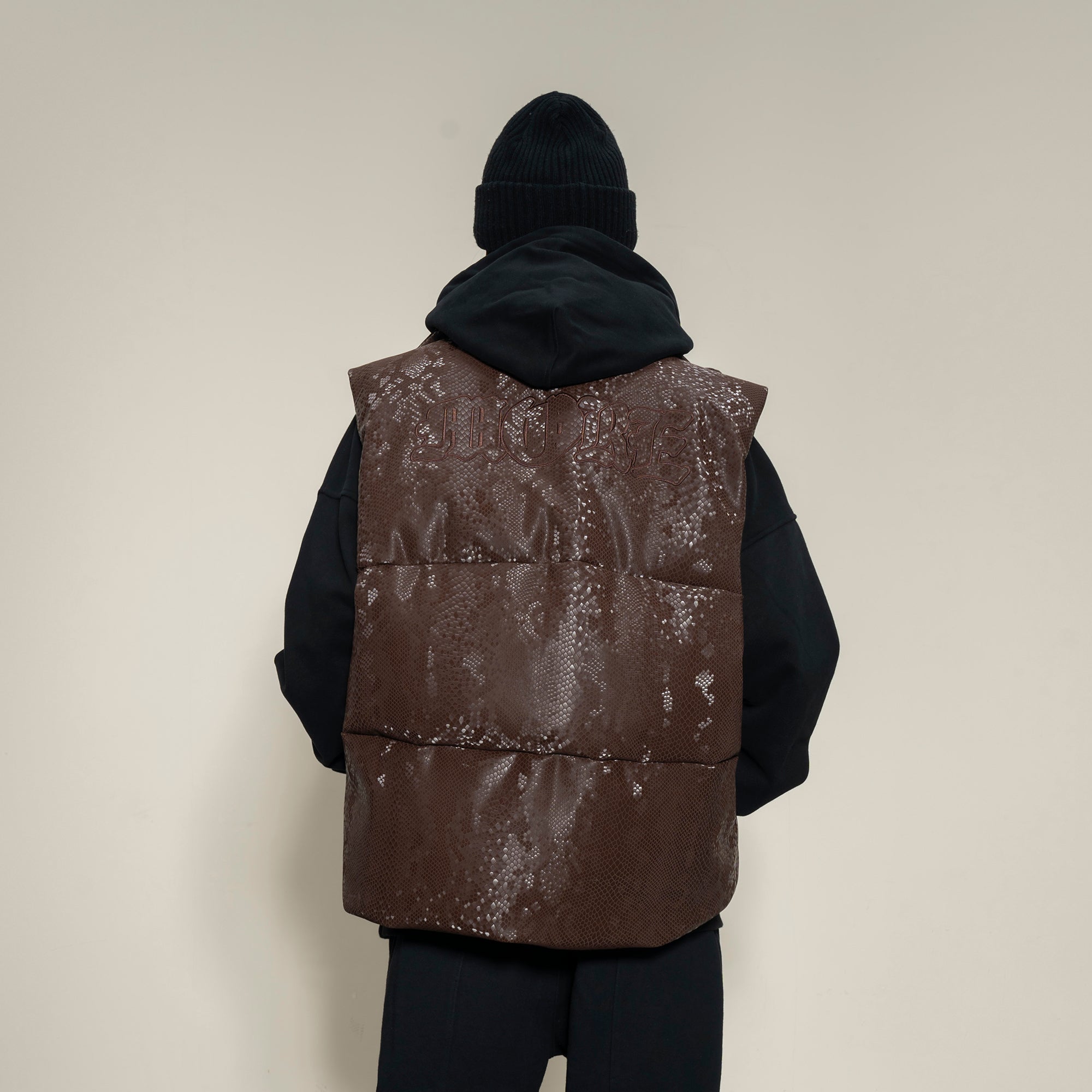 MAKEMORE Scale-Textured PU Embroidered Puffer Vest-Vest-M-Free Shipping Leatheretro