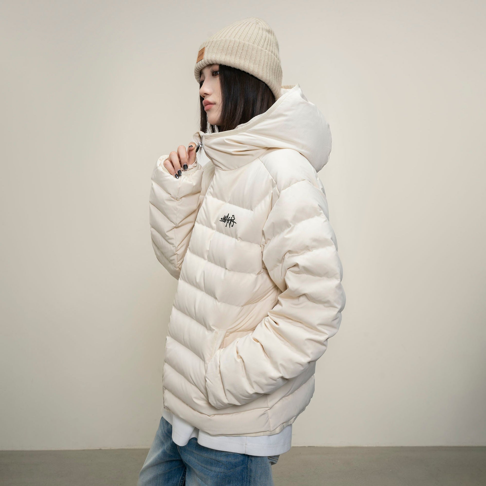 MAKEMORE LOGO Embroidered Elastic Quilted Down Jacket-Jacket-S-Black-Free Shipping Leatheretro