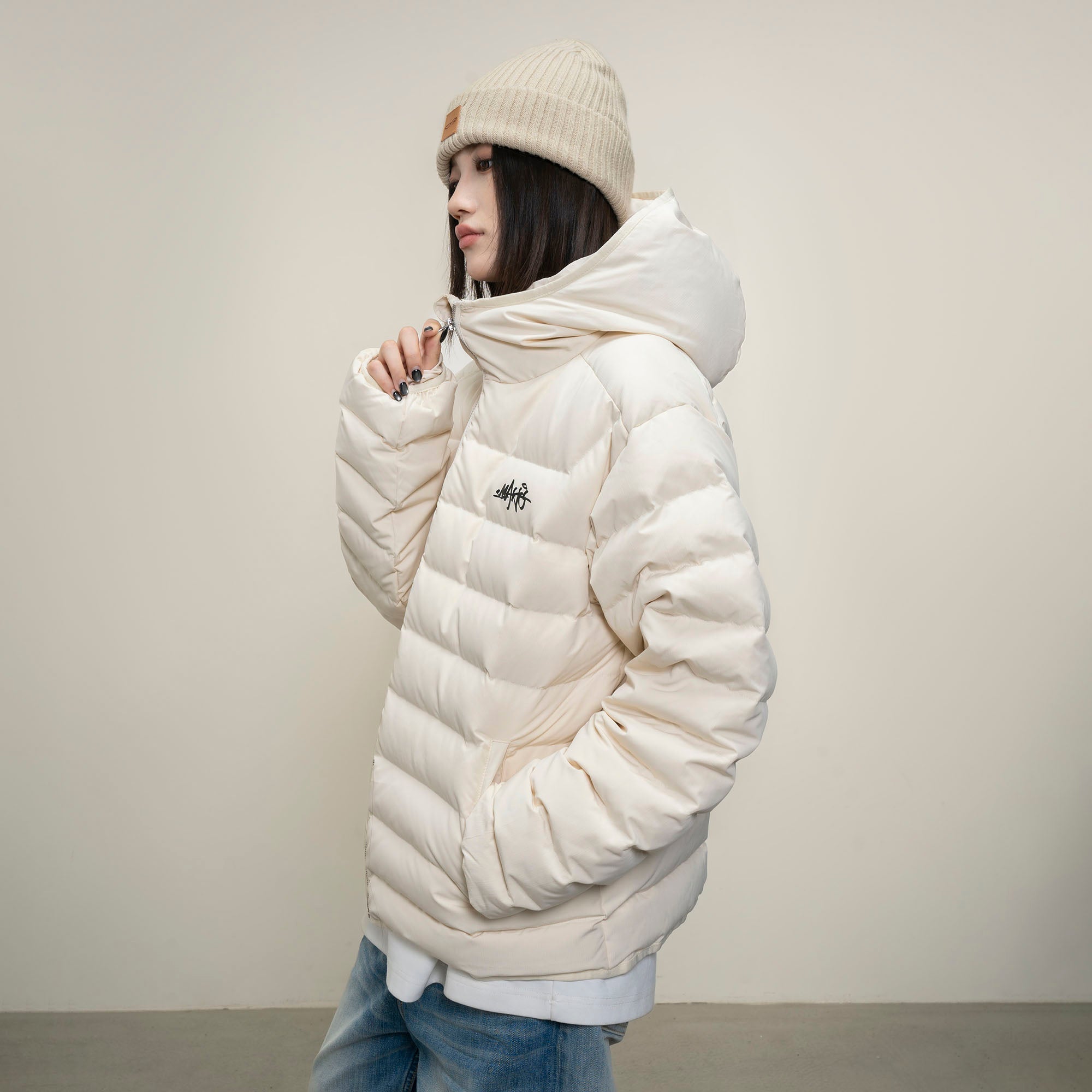 MAKEMORE LOGO Embroidered Elastic Quilted Down Jacket-Jacket-S-Black-Free Shipping Leatheretro