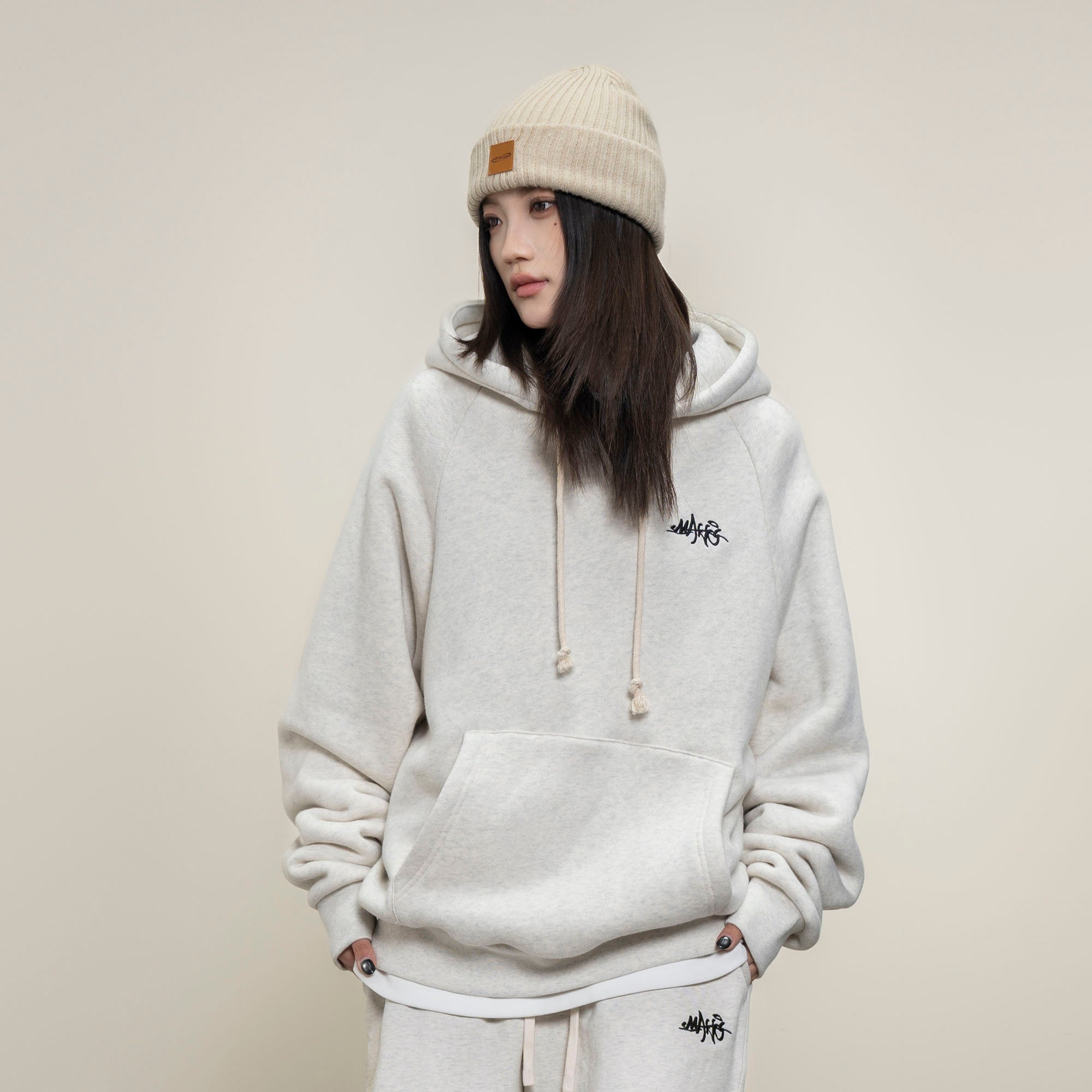 MAKEMORE LOGO Embroidered Drawstring Hoodie-Hoodie-S-Beige-Free Shipping Leatheretro