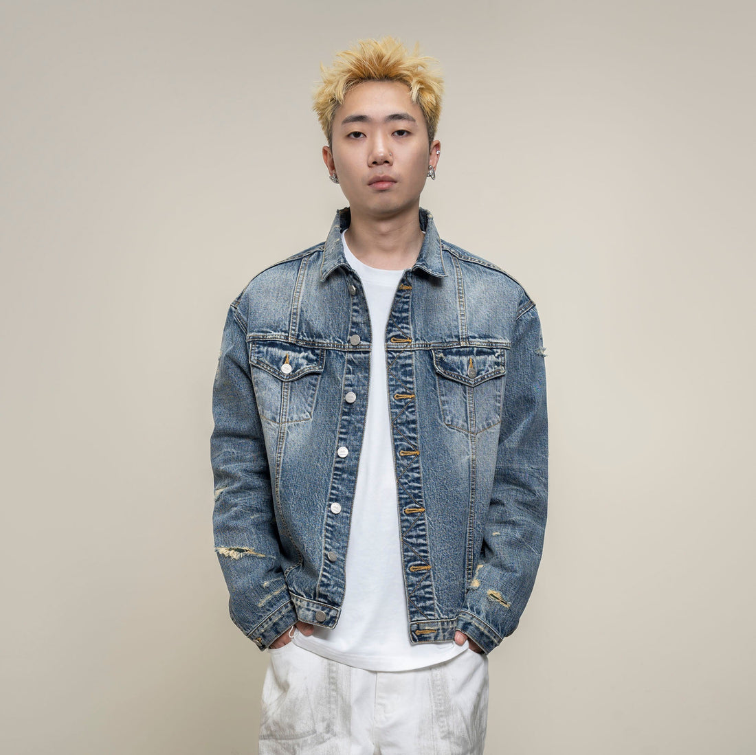 MAKEMORE Retro Distressed Ripped Denim Jacket-Jacket-S-Free Shipping Leatheretro