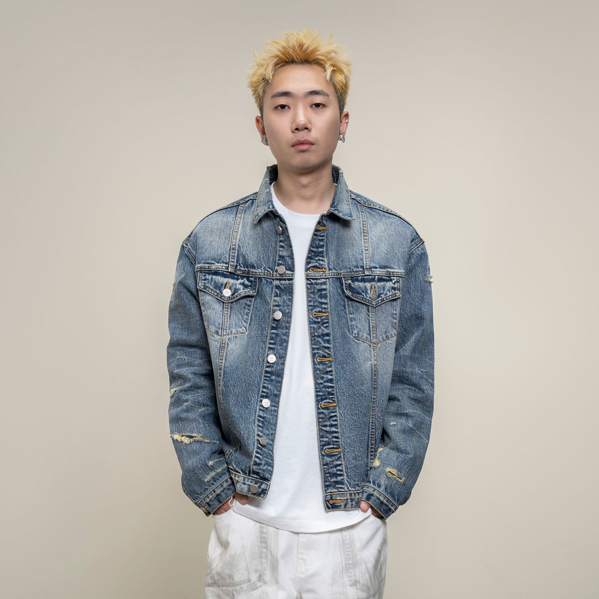 MAKEMORE Retro Distressed Ripped Denim Jacket-Jacket-S-Free Shipping Leatheretro