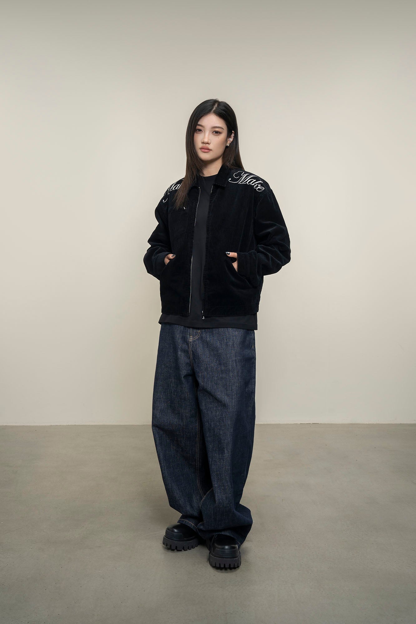 MAKEMORE Script Embroidered Corduroy Jacket-Jacket-M-Free Shipping Leatheretro